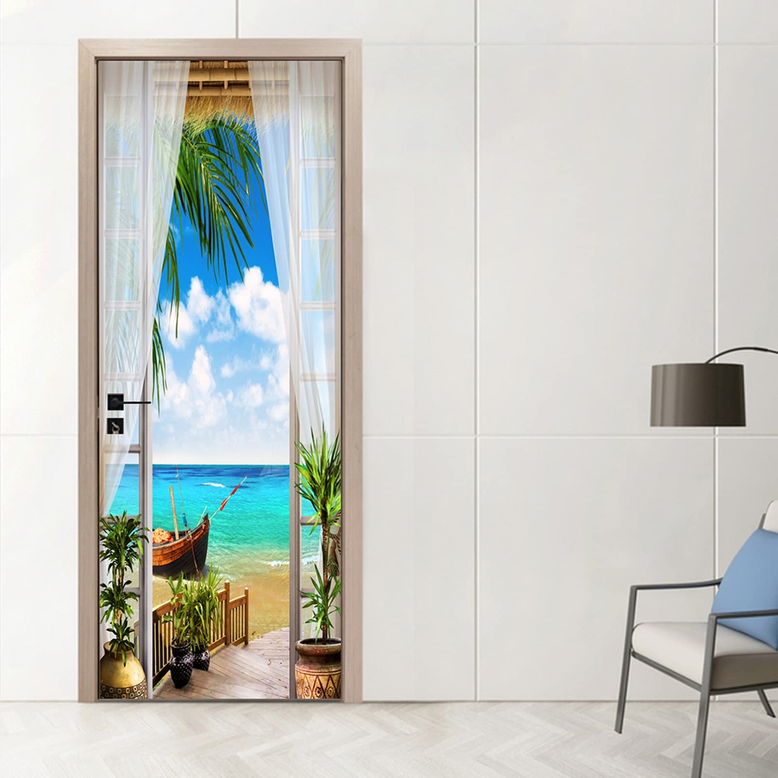 A.Monamour Adesivo Porta Autoadesiva Terrazza Vista Mare Con Tenda In Voile Bianco Spiaggia Sabbiosa Vinile PVC Adesivi per Porte 3D Pellicola Adesiva Poster Sticker Murale Parete Carta da Parati