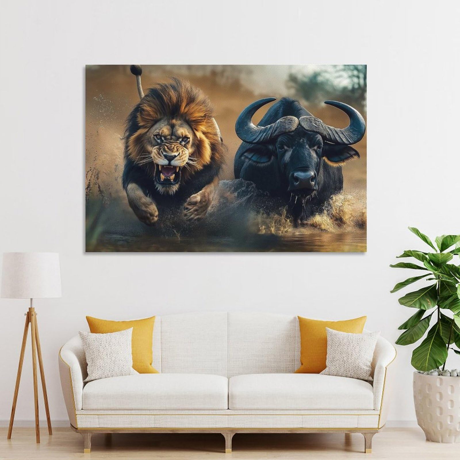 Junmoney The Powerful African Lion Chasing Buffalo - Wildlife Photo Room Decor Wall Art, 08x12inch(20x30cm), for Bedroom, Guest Room Or Reading Nook, Home Artwork with A Soft Interior Feel