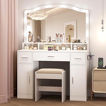 Garvee Vanity Desk with LED Lights and Storage, 10 Adjustable LED Mirror, 3 Drawers, 2 Cabinets, Charging Station AC/USB, Includes Stool, Dressing Table for Women/Girls Bedroom White