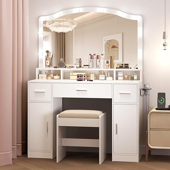 Garvee Vanity Desk with LED Lights and Storage, 10 Adjustable LED Mirror, 3 Drawers, 2 Cabinets, Charging Station AC/USB, Includes Stool, Dressing Table for Women/Girls Bedroom White
