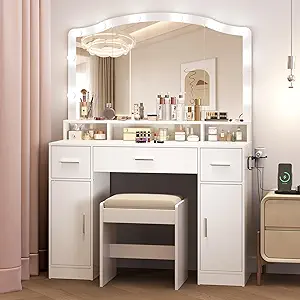 Garvee Vanity Desk with LED Lights and Storage, 10 Adjustable LED Mirror, 3 Drawers, 2 Cabinets, Charging Station AC/USB, Includes Stool, Dressing Table for Women/Girls Bedroom White
