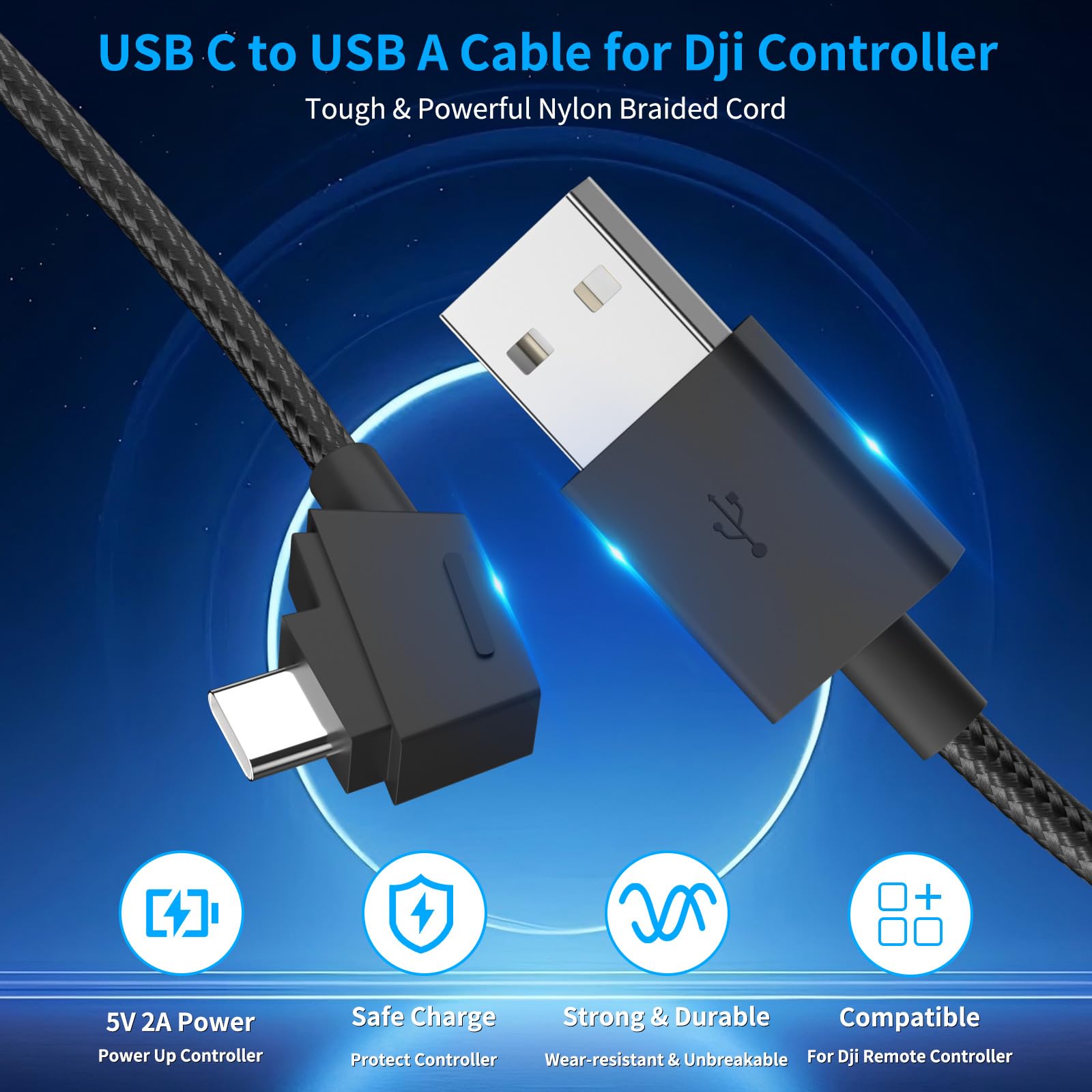 1 m USB A auf USB C Fernbedienungskabel für DJI Mavic 2 Pro Zoom, Mini, SE, Air, Spark Drohne, 90 ° rechtwinkliges Nylon-geflochtenes Ladekabel für DJI Drohnen-Controller, nur Strom, Schwarz