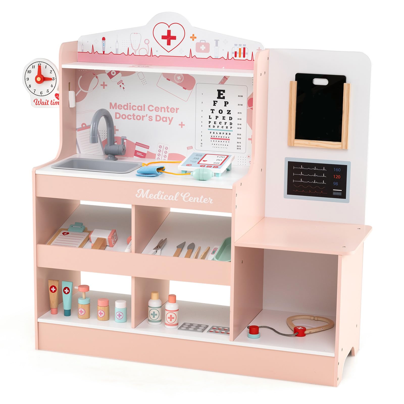 DREAMADE Krankenhaus Spielset, Arztkoffer Kinder aus Holz mit 24 Zubehörteilen, Stethoskop, Blutdruckmessgerät & Spüle, Arzt Rollenspielzeug für Kinder ab 3 Jahren (Rosa)