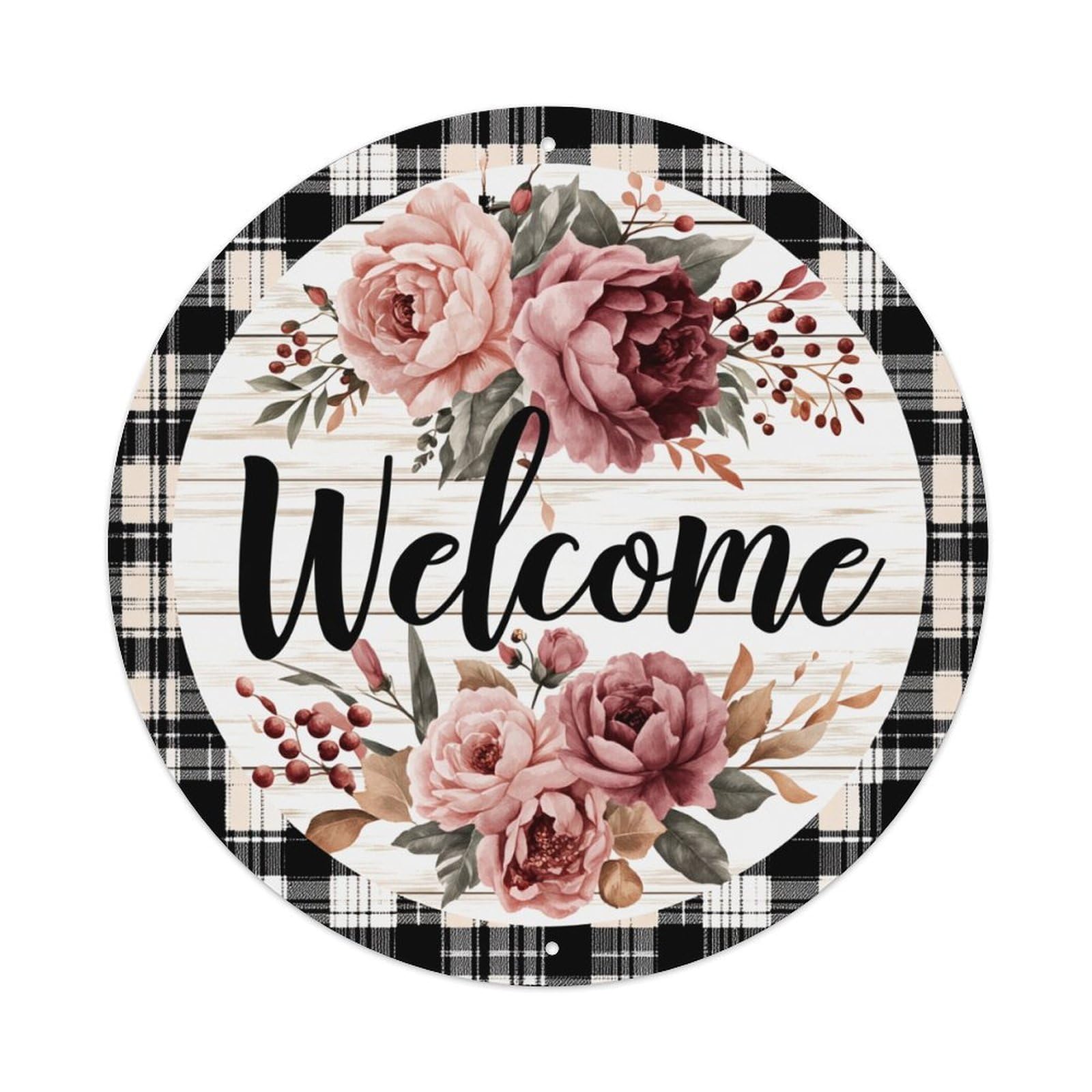 Floral Plaid Wood Welcome Sign Round Tin Sign Vintage Metal Poster, Home Bar Garage Man Cave Cafe Indoor & Outdoor Wall Decoration 8x8Inches