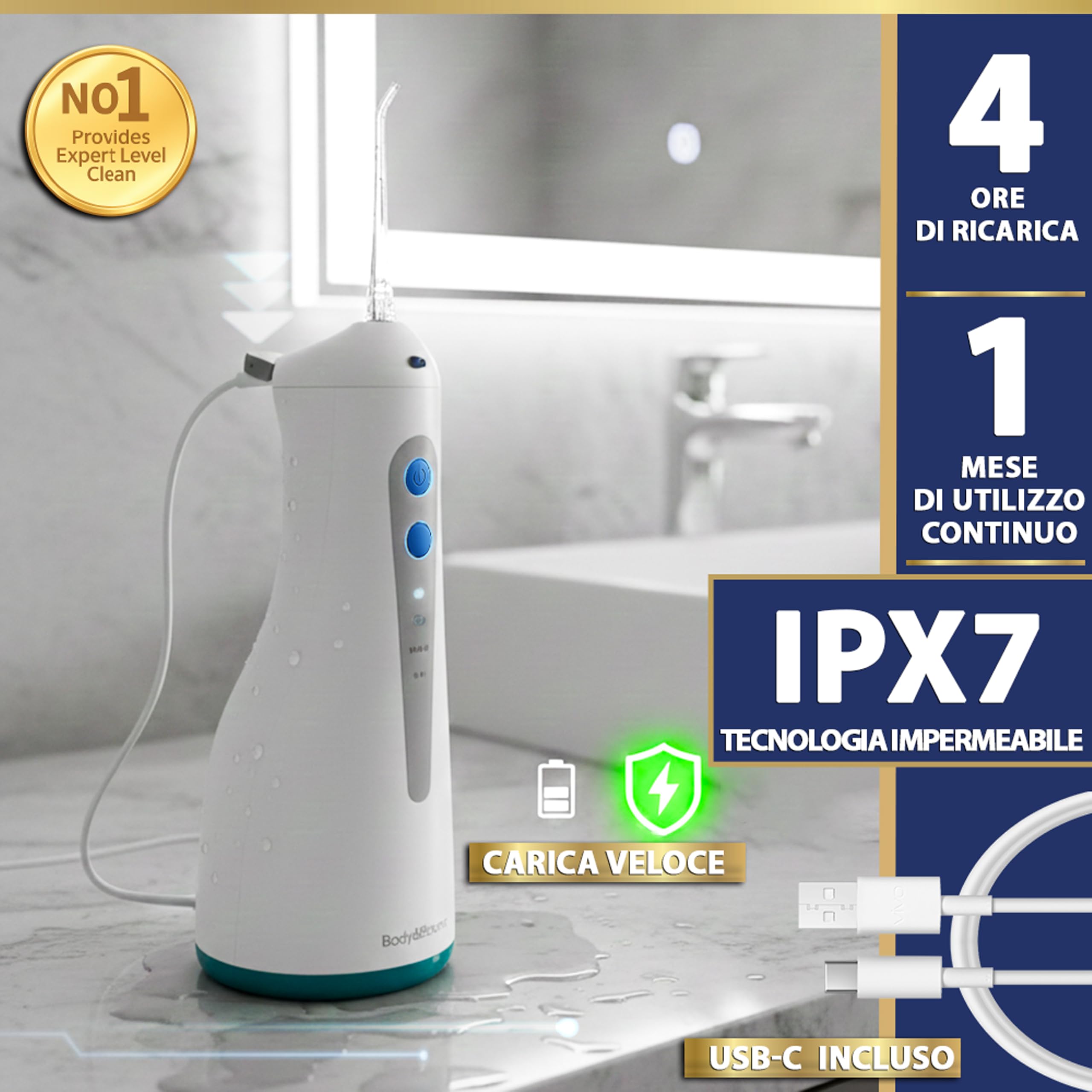 Idropulsore Dentale Portatile DENTAL V-PRO da 300ml. Idropulsore denti,alta pressione con 5 ugelli +1 specchio per pulizia denti profonda. Water flosser Impermeabile. Irrigatore Orale pulizia profonda