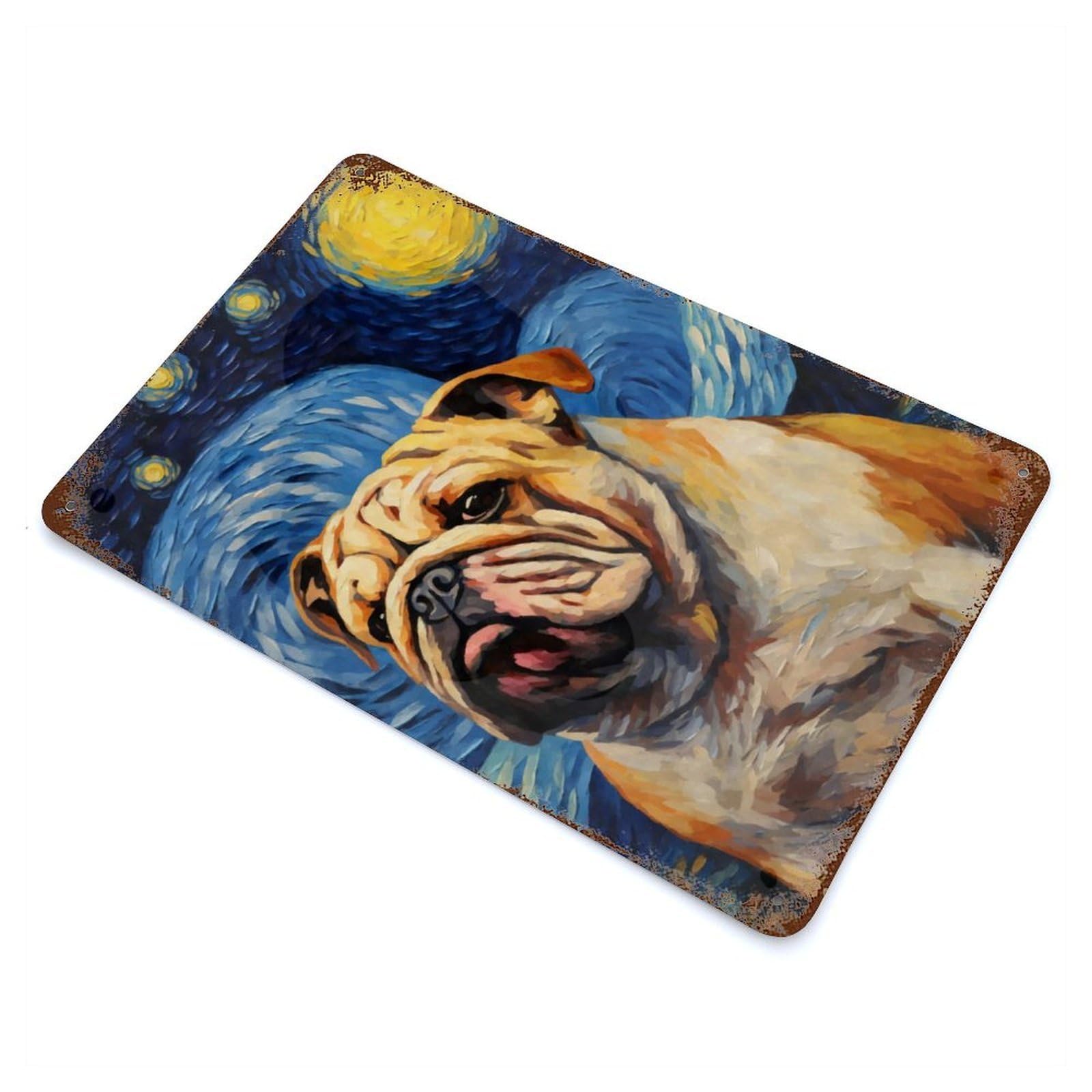 Aged Metal Wall Plaque with Bulldog Starry Night Design 11.8"x7.9", for Farmhouse, Kitchen And Entryway Decor, Old School Wall Decor