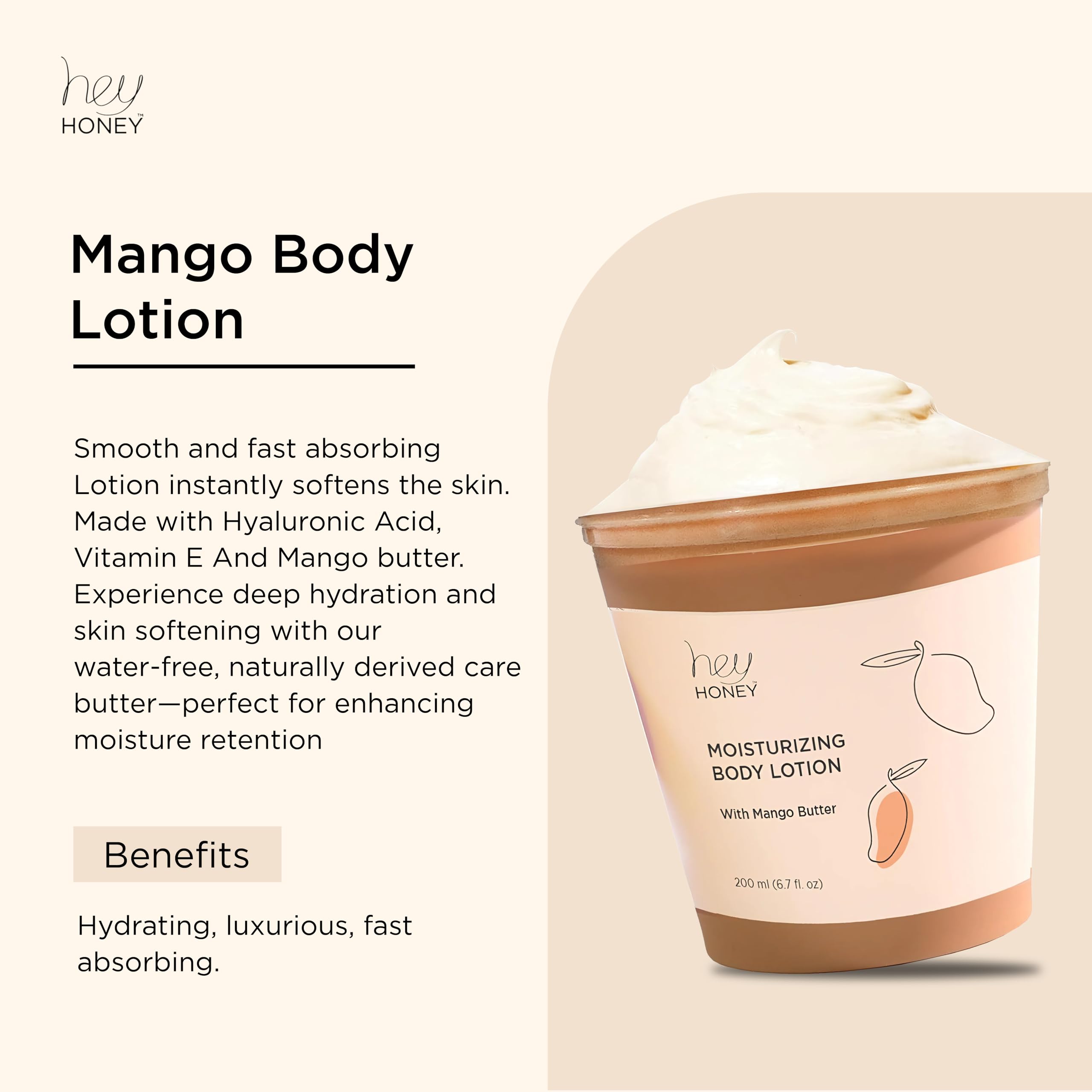 Hey Honey Skin Care Mango & Honey Water-Free Body Lotion - Hyaluronic Acid, Ceramides & Barrier Repair for Hands, Elbows & Dry Sensitive Skin | 24-Hr Hydration, Fruit Enzymes, Cruelty-Free | 6.7 oz