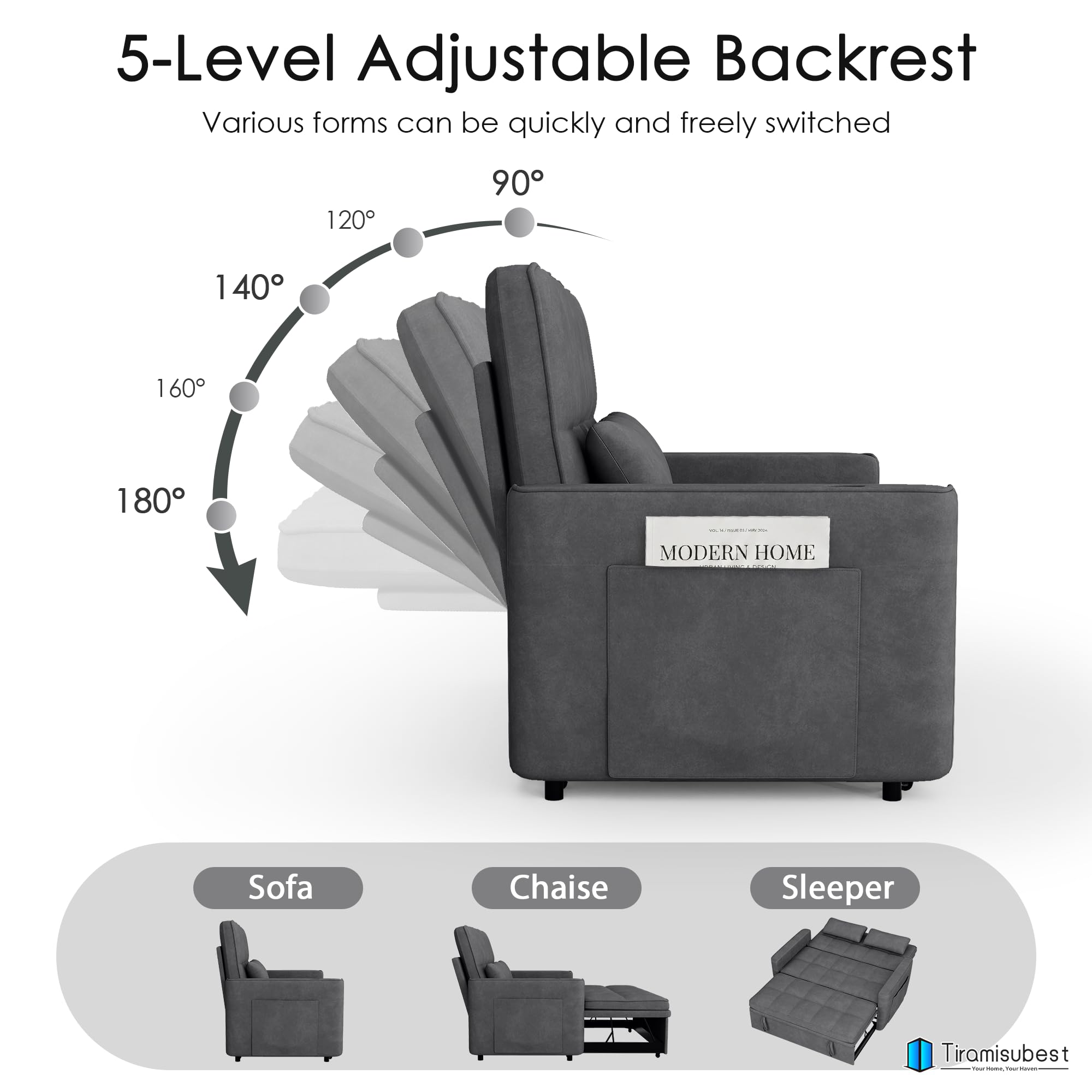 54'' Sleeper Sofa Bed, Convertible Pull Out Couch Futon for for Living Room,Apartment (Darkgrey, Loveseat) Side Pockets, Velvet Fabric, Adjustable Backrest, Pull-Out Bed, Easy Assembly