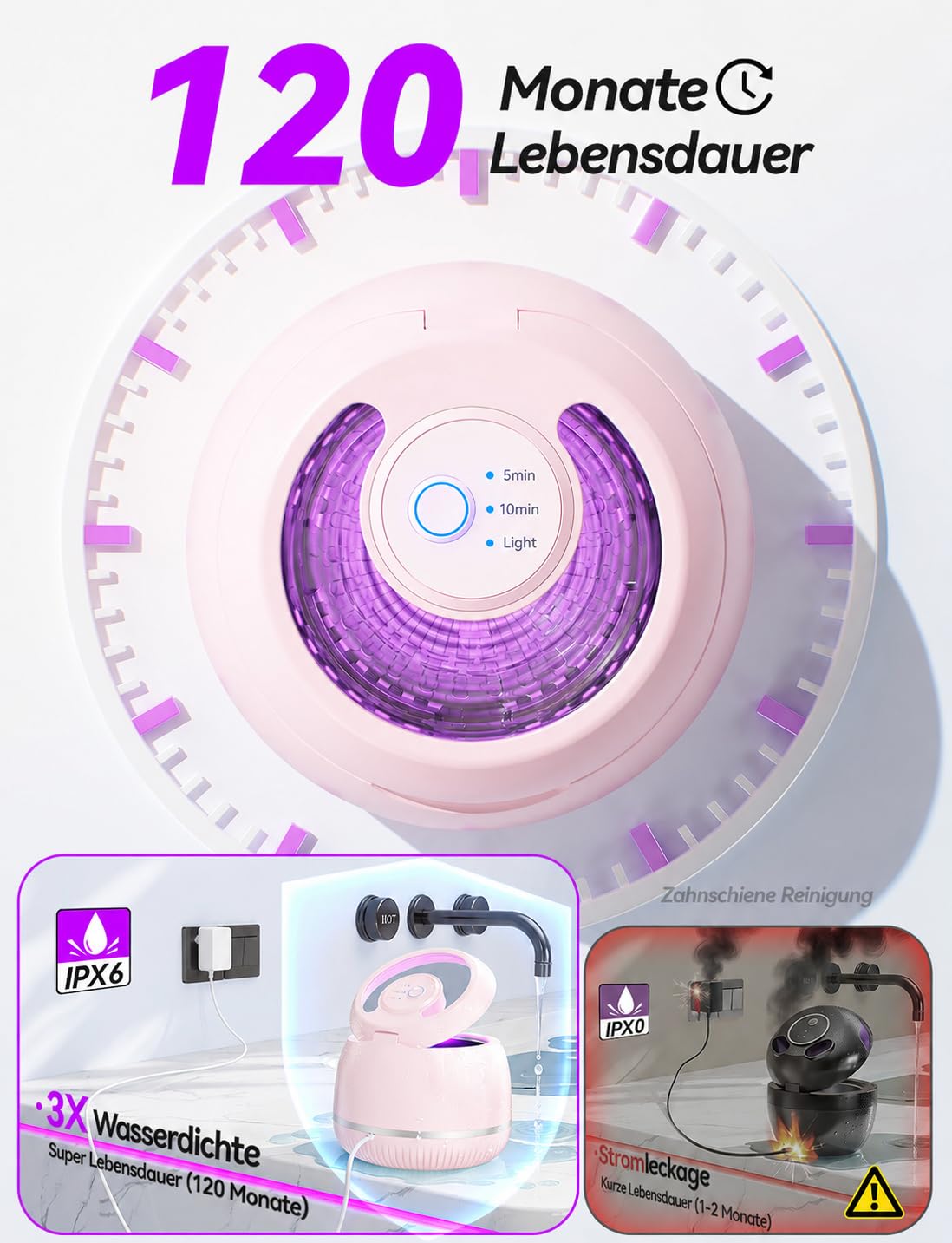 Beser Ultraschallreinigungsgerät Zahnschiene, 46kHz, Zahnschiene Reinigung, Dental Aufbewahrungsdosen Pod Cleaner für Retainer, Gebissreiniger, Zahnprothesen, Schmuck, IPX6, 200ML (Rosa)