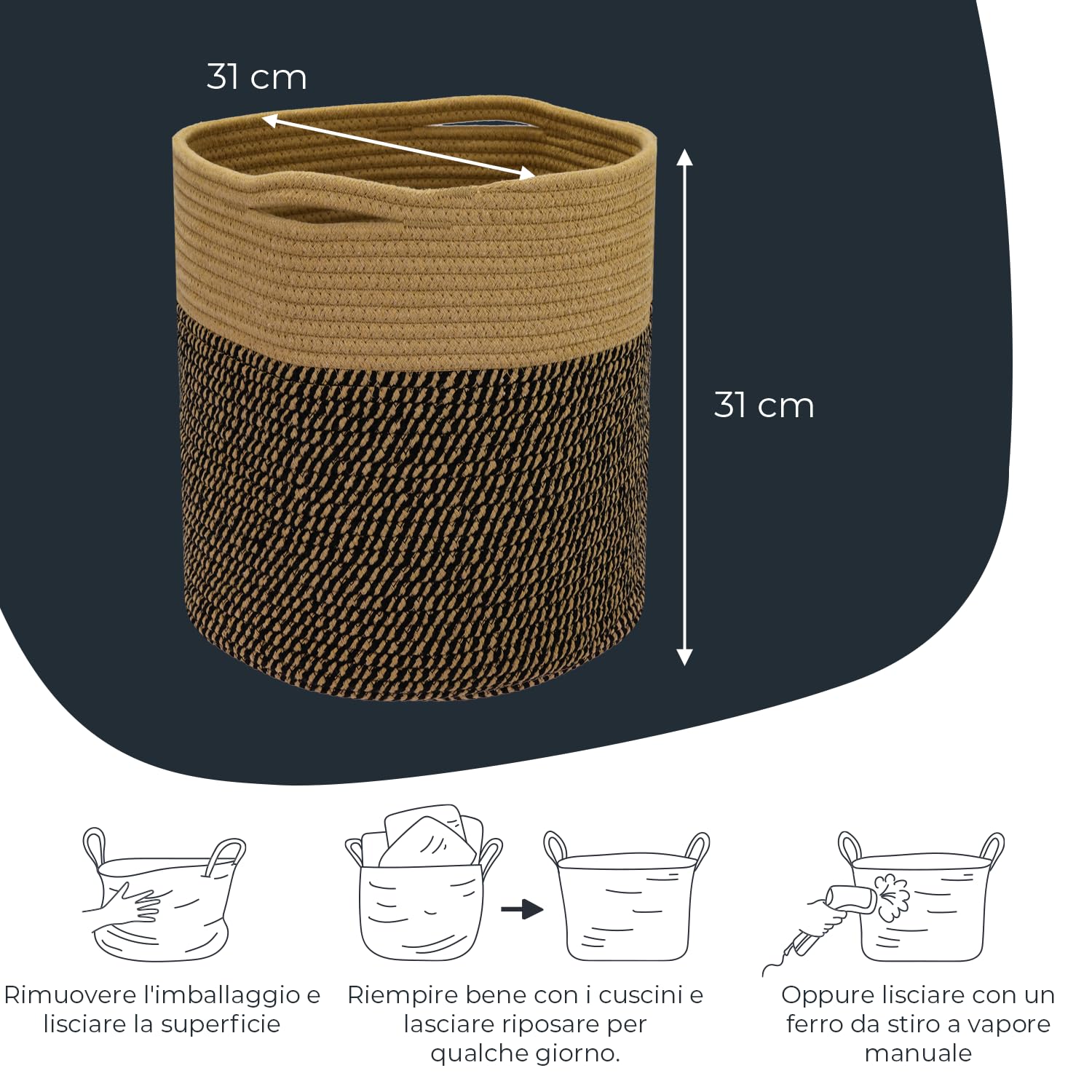 HMF Cesto portaoggetti con manici nascosti, cesto rotondo adatto per Kallax | 31 x 31 cm | Nero-Miele