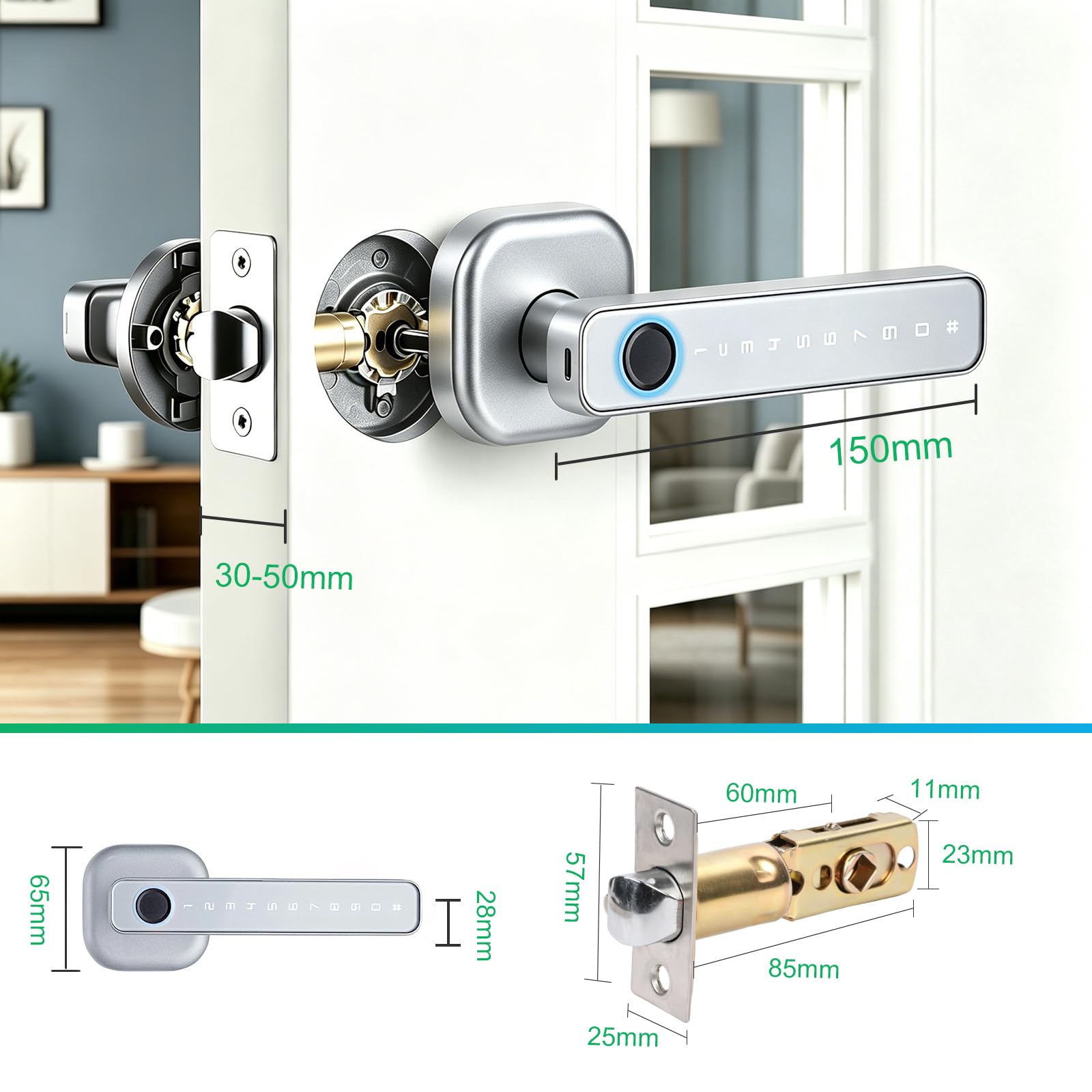 5-in-1 Intelligentes Türschloss, Elektronisches Türschloss für Bluetooth | Fingerabdruck biometrische, Temporäres Passwort, Per App gesteuert, Smart Lock, IC-Karte, für Haustür, Wohnung, Hotel, Büro