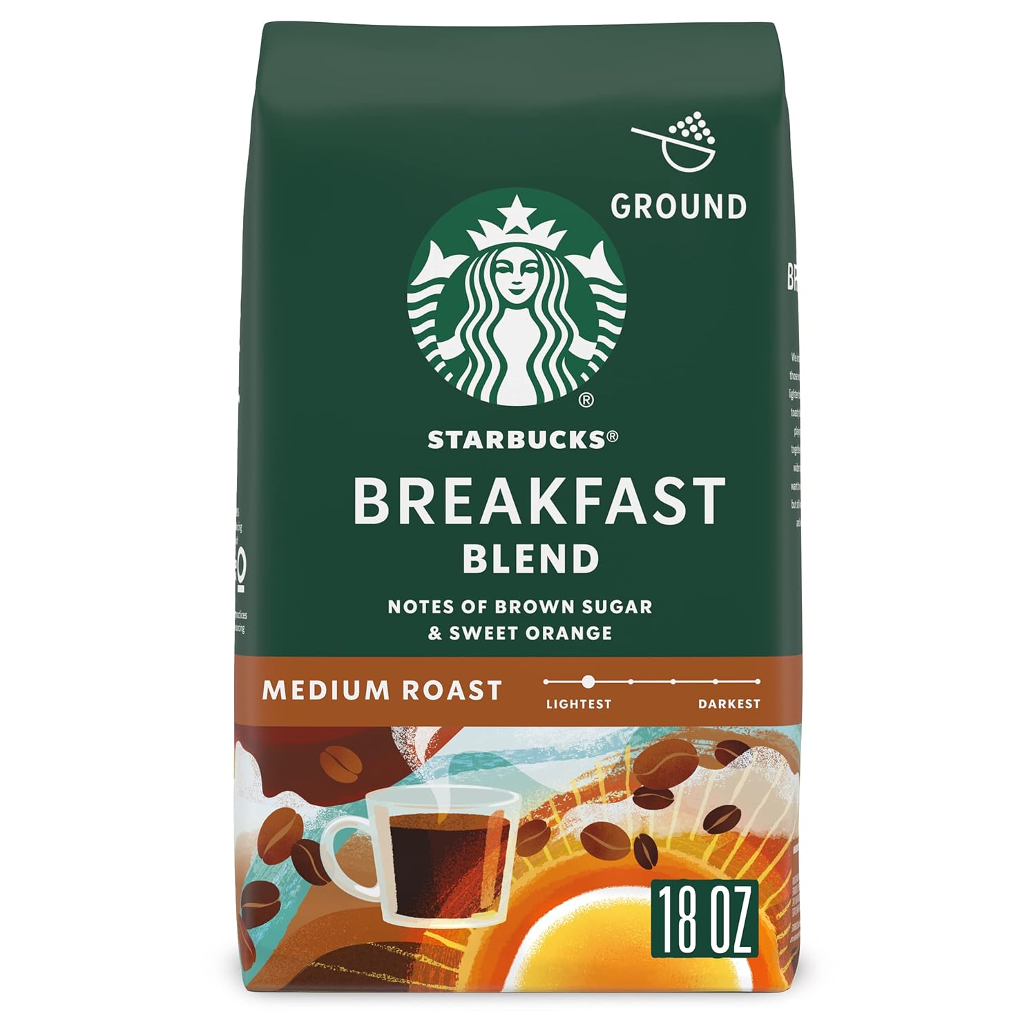 Starbucks Ground Coffee, Medium Roast Coffee, Breakfast Blend, 100% Arabica, 1 bag (18 oz) Breakfast 18 Ounce (Pack of 1)