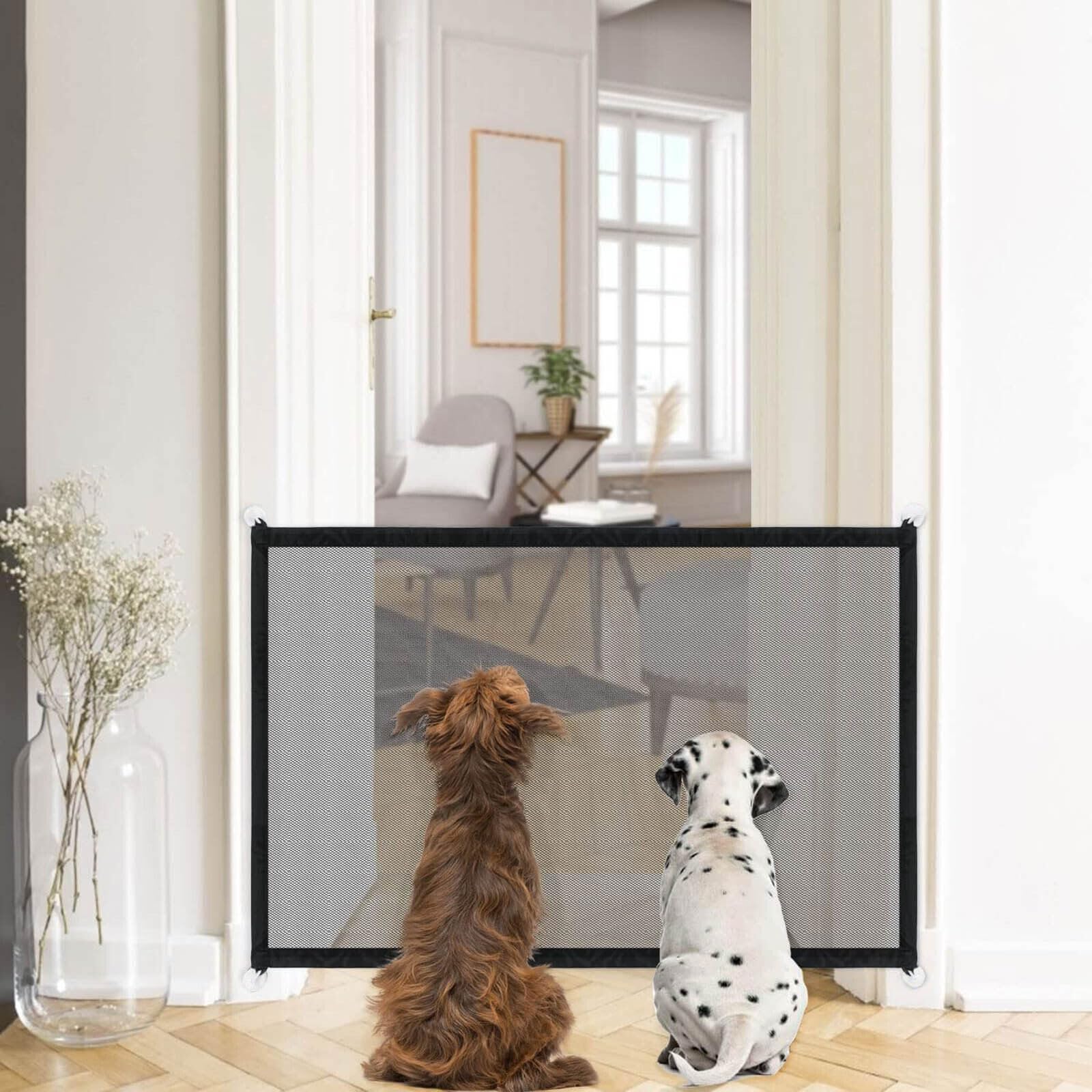 Holdfiturn Pet Magic Gate 110 * 72cm Portable Baby Safety Guard Gate Folding Mesh Small Dog Fence Enclosure Easy To Install for Indoor Outdoor Stair Hall Doorway