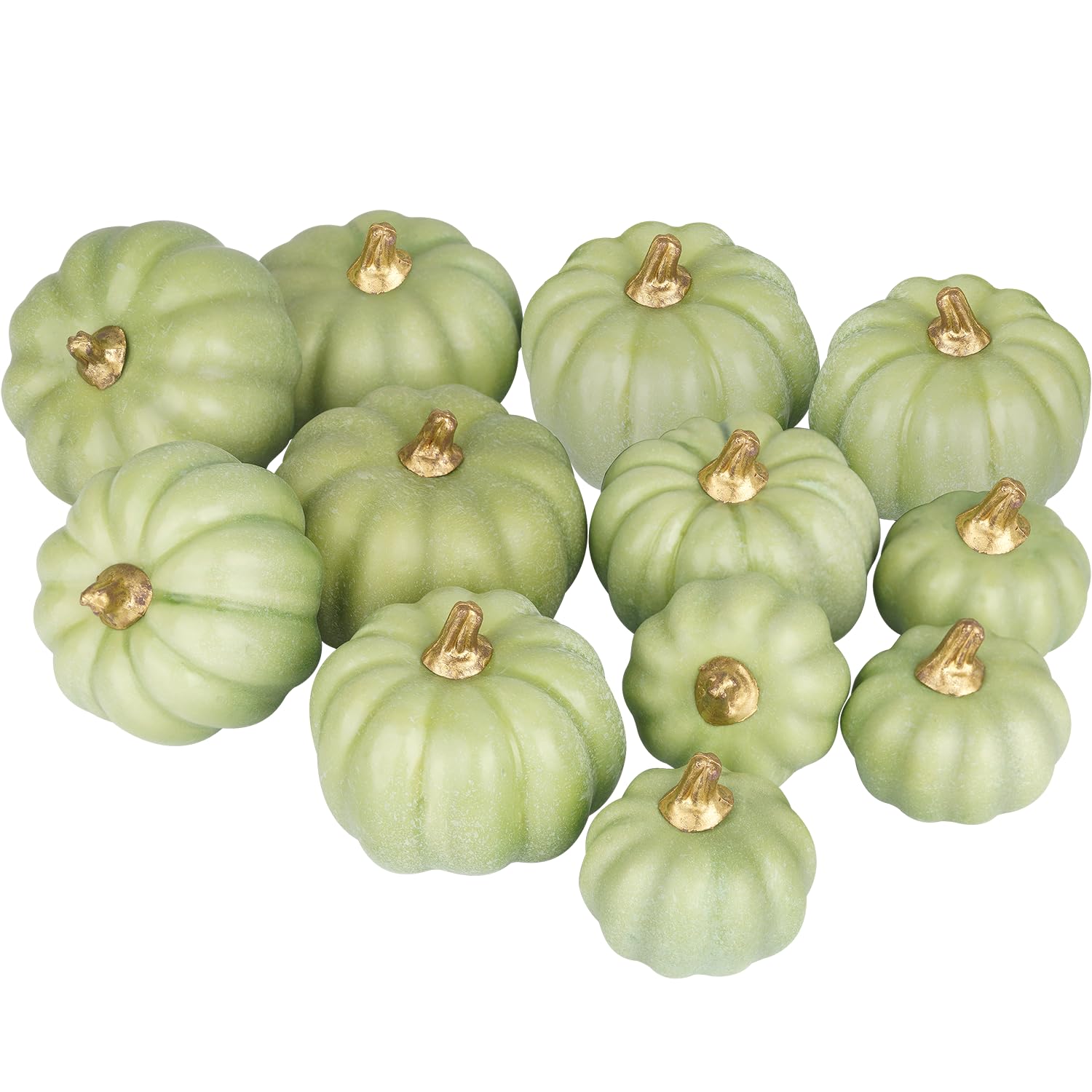 Artmag Artificial Pumpkins Bulk 12Pcs Assorted Sizes Harvest Lifelike Pumpkin Fake Foam Pumpkin for Fall Autumn Halloween Home Party Thanksgiving Party Holiday Decor Green