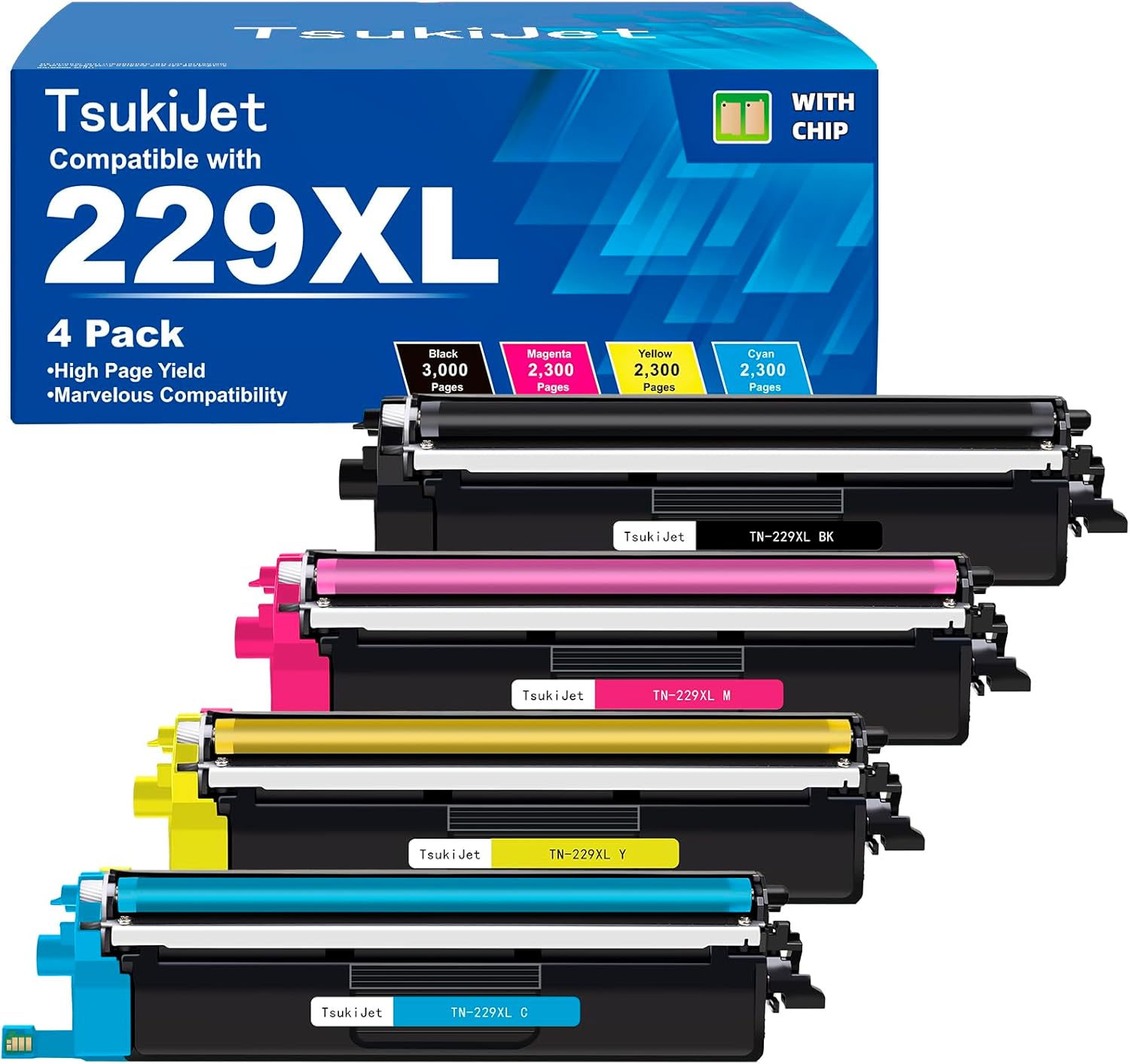 Compatible TN229XL TN229 Toner Cartridges 4Pack High Yield Replacement for Brother TN-229XL TN229 works with MFC-3720CDW MFC-3780CDW HL-L3220CDW HL-L3280CDW HL-L3300CDW Printer TN229XLBK/C/M/Y Ink Set