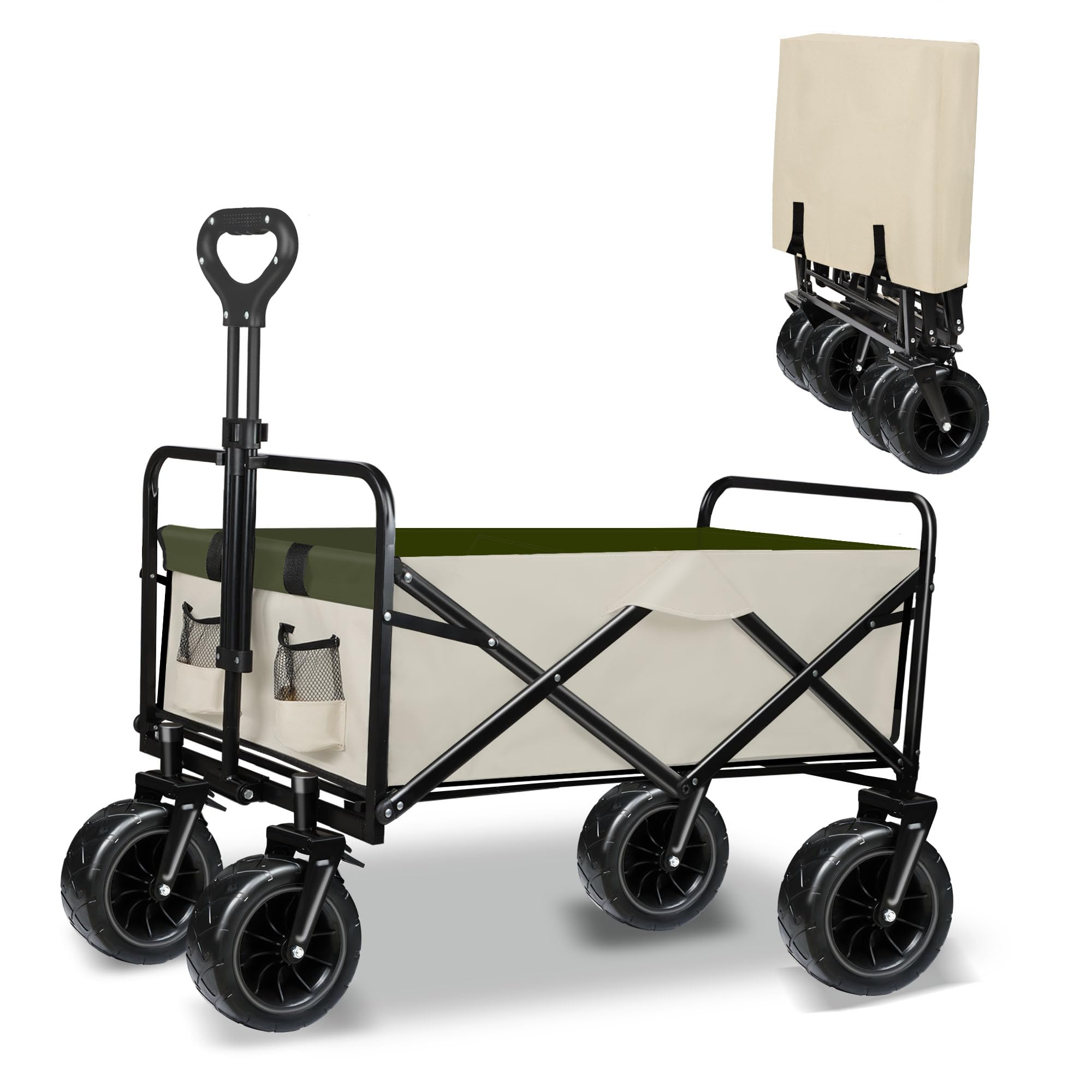 DOBEGARDEN Collapsible Folding Wagon Bearing 220lbs Beach Wagon Portable Utility Garden Cart Heavy Duty Grocery Wagon for Camping Picnic Shopping and Travel Trailer with All Terrain Silent Wide Wheels
