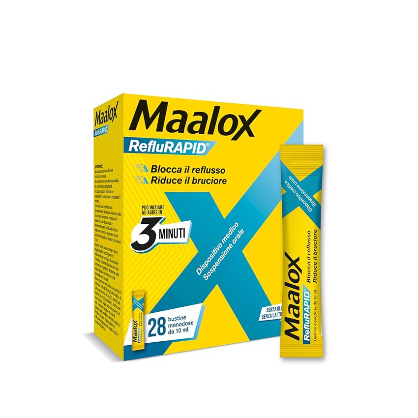 Maalox Reflurapid Blocca il Reflusso Gastroesofageo, Riduce Bruciore e Acidità di Stomaco, anche in Gravidanza - con Bicarbonato di Sodio, Senza Glutine, Senza Lattosio (28 Bustine Gusto Menta)