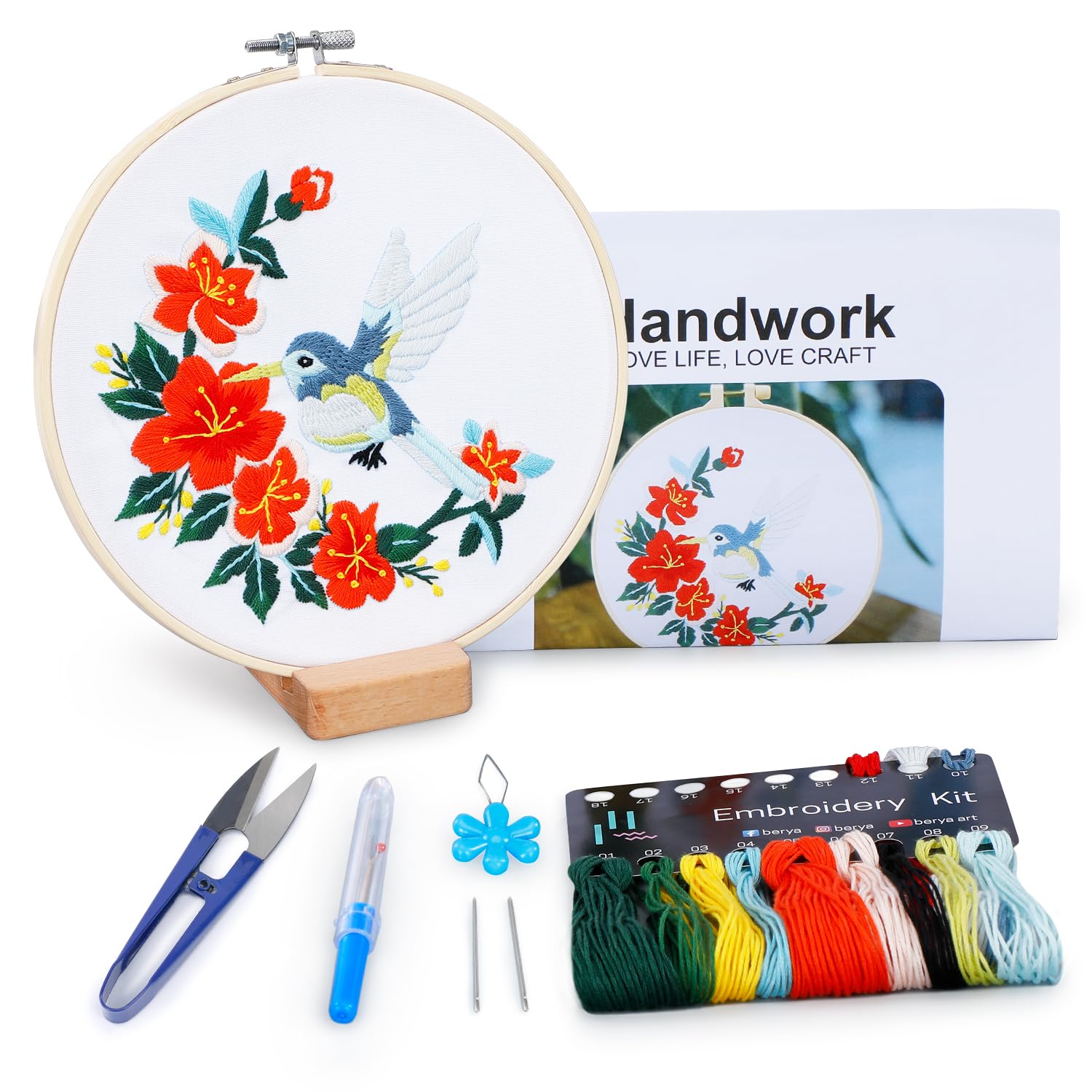 Hummingbird and Flower Embroidery Kit for Adults, DIY Embroidery Kits with Original Design Patterns, Learn to Embroider Kit Beginner with Needles and Thread, Clear Instructions and Video (BEB002)