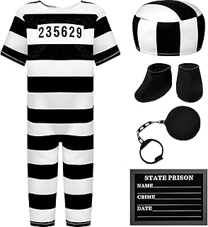 4 Pcs Halloween Baby Prisoner Convict Costume with Toy Handcuff 18-24 Month Lovely Child Prisoner Costume Inmate Costume Prison Jumpsuit for Halloween Party