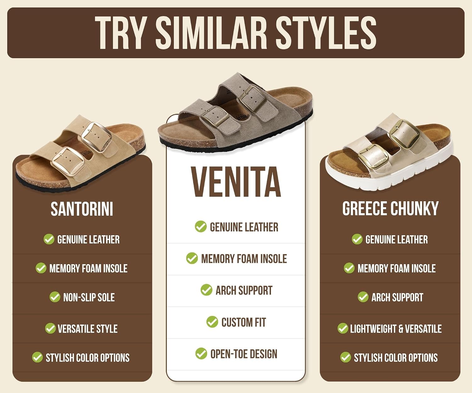  100% Genuine Leather Womens Sandals Slides for Women (Venita) | Cork Footbed Sandals for Women with Memory Foam and Arch Support Vacation Essentials Slides for Women Footwear Flat Sandals thumbnail