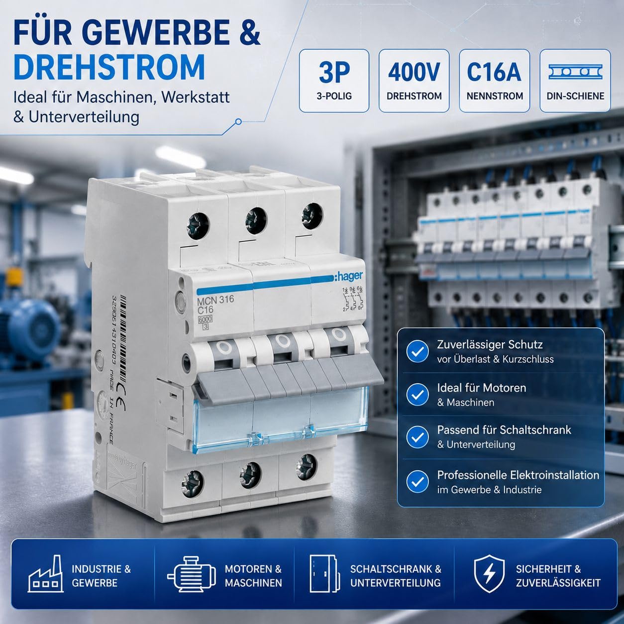 Hager MCN316 Leitungsschutzschalter 3-polig C16A, 6kA LS-Schalter für Drehstrom, 3P Sicherungsautomat, biconnect Klemmsystem, 3 Module, 230/400V AC, IP20, Kurzschluss- und Überlastschutz