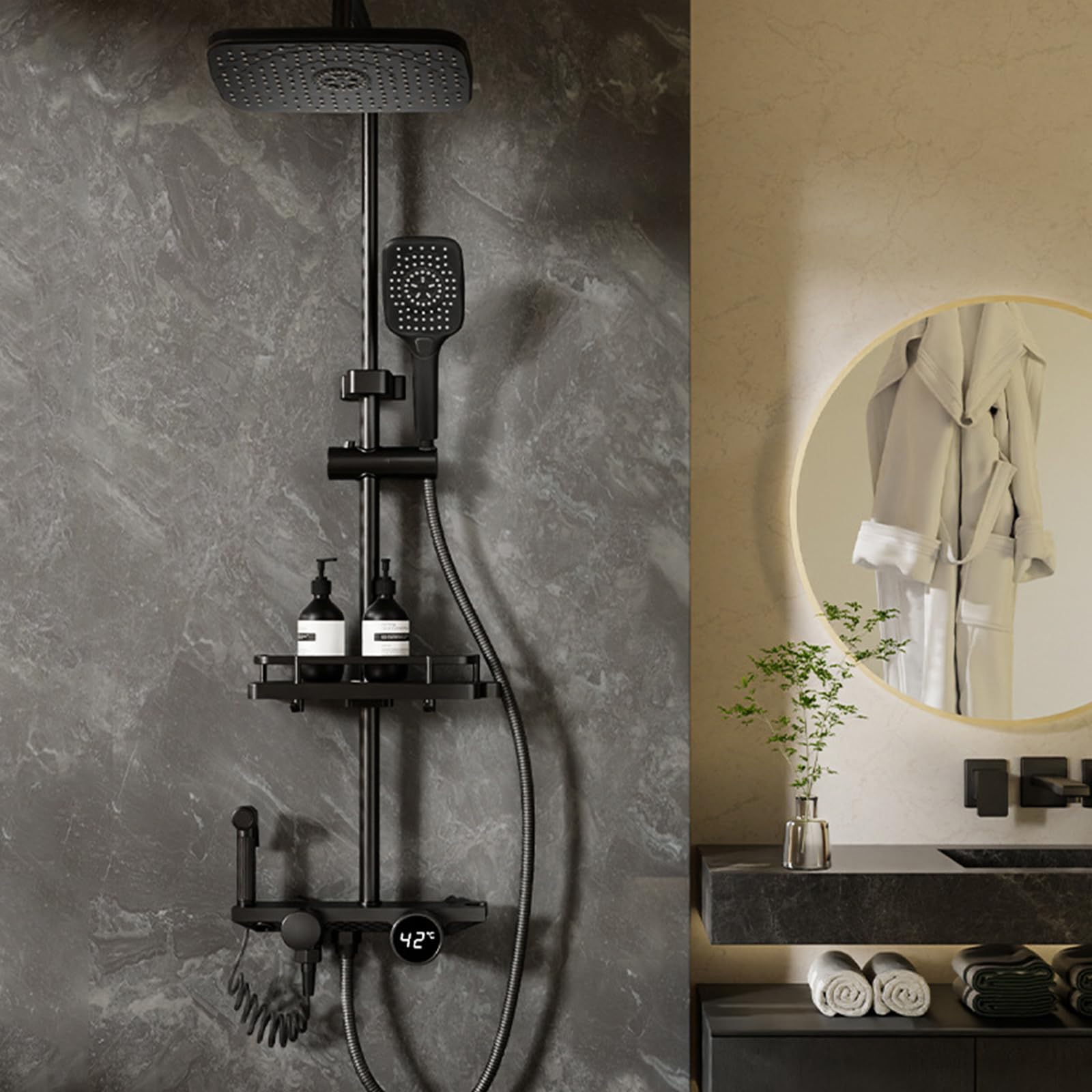 Sistema Doccia a Vista Nero, Set Rubinetto con Display Digitale, Set Combinato a 4 funzioni per Bagno, soffione a Pioggia, doccetta, doccetta per Bidet, beccuccio per Vasca