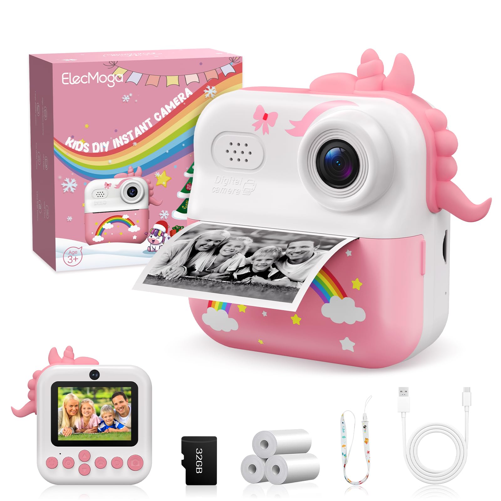 Instant Kids Photo Camera, 2.4'' HD 1080P Digital Camera for Children with 32GB Card and Photo Paper, 16x Zoom Color Instant Camera, Gifts Toy for Children Ages 3-12