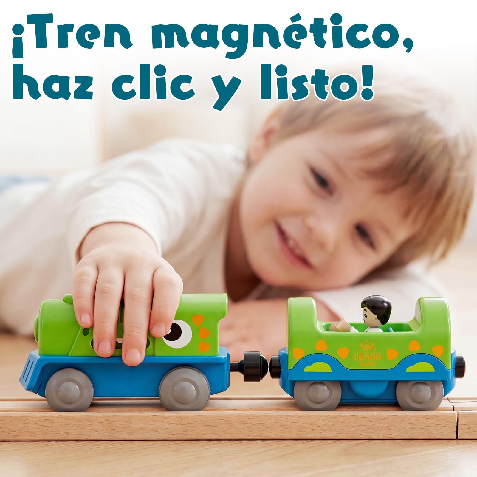 Lehoo Catsle Tren Juguete con Locomotora de Dinosaurios, Tren Electrico Juguete Niños 3+ Años, Juguetes de Mader, Tren Eléctrico Infantil, Regalo para Niño