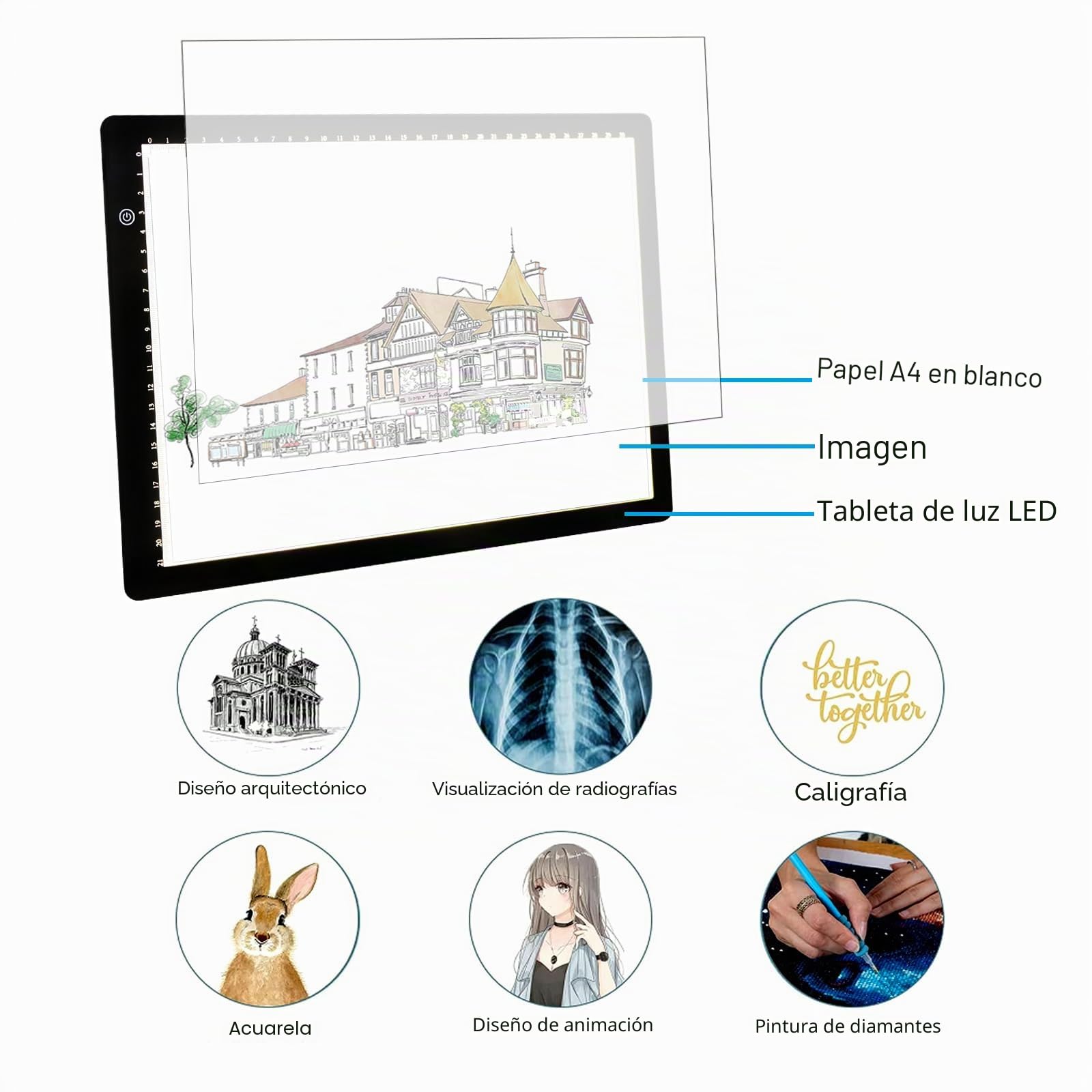 Mesa de luz A4 para dibujo, Mesa de luz de trazado de brillo ajustable de 3 niveles, cable de alimentación USB tipo C Tablero de luz de pintura de diamante LED para vinilo de desherbado