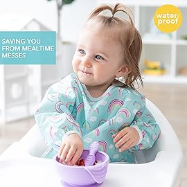 Bumkins Sleeved Bib for Girl or Boy, Baby and Toddler for 6-24 Mos, Essential Must Have for Eating, Feeding, Baby Led Weaning Supplies, Long Sleeve Mess Saving Food Catcher, Soft Fabric, Rainbow Blue