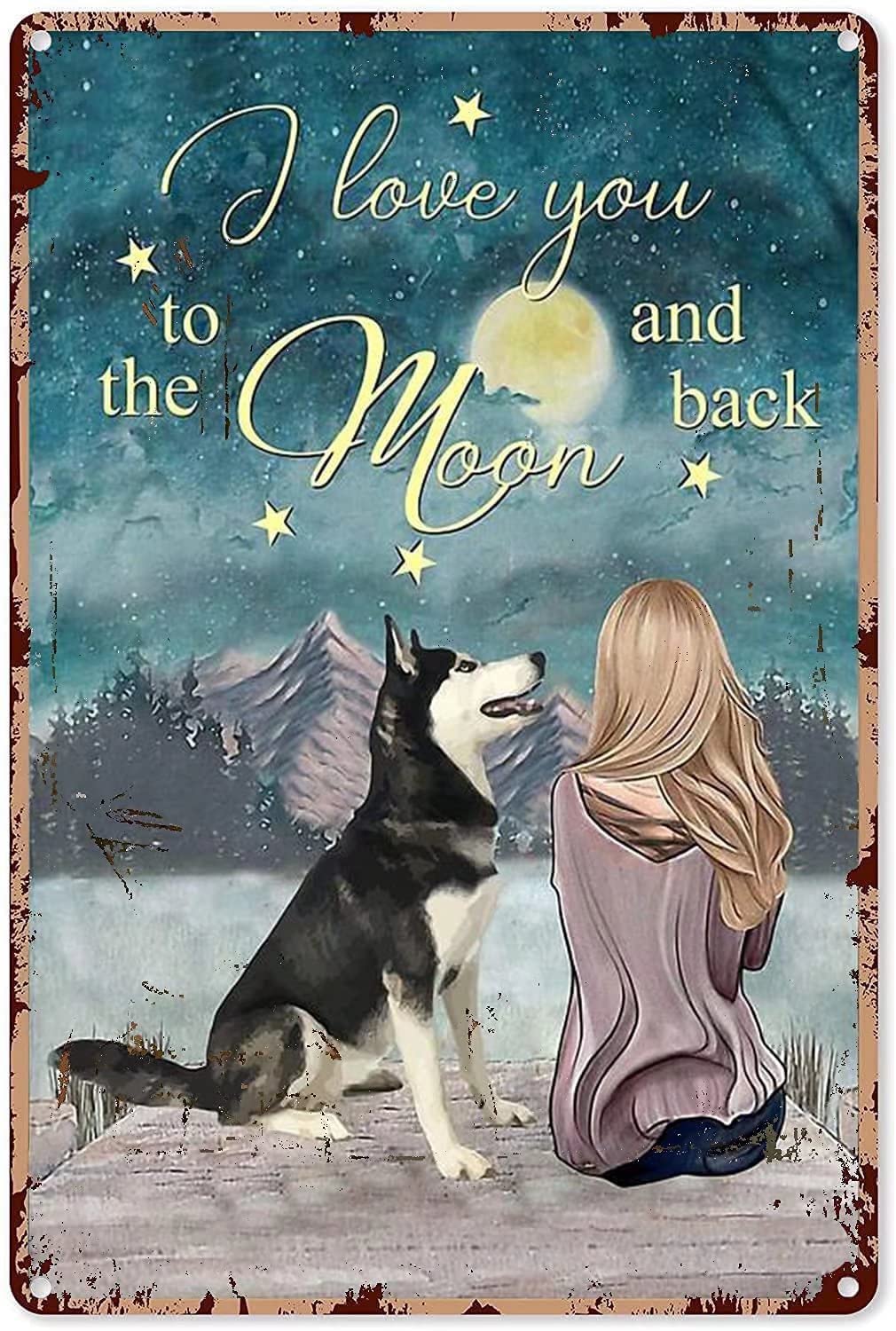 Tin Sign Moon Girl and Dog Wall Retro Tin Sign,Bathroom Decoration for Bars,Restaurants,Cafes and Bars,New Year,Metal Sign 12x16 Inches