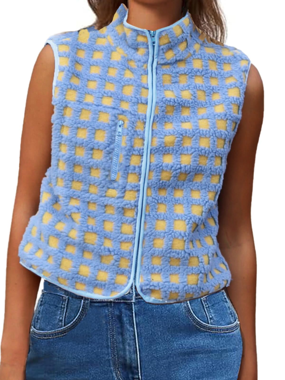 cexoo Women's Checkered Zip Up Vest,Sleeveless Cardigan High Collared Fleece Top Winter Top Sherpa Warm Outfit