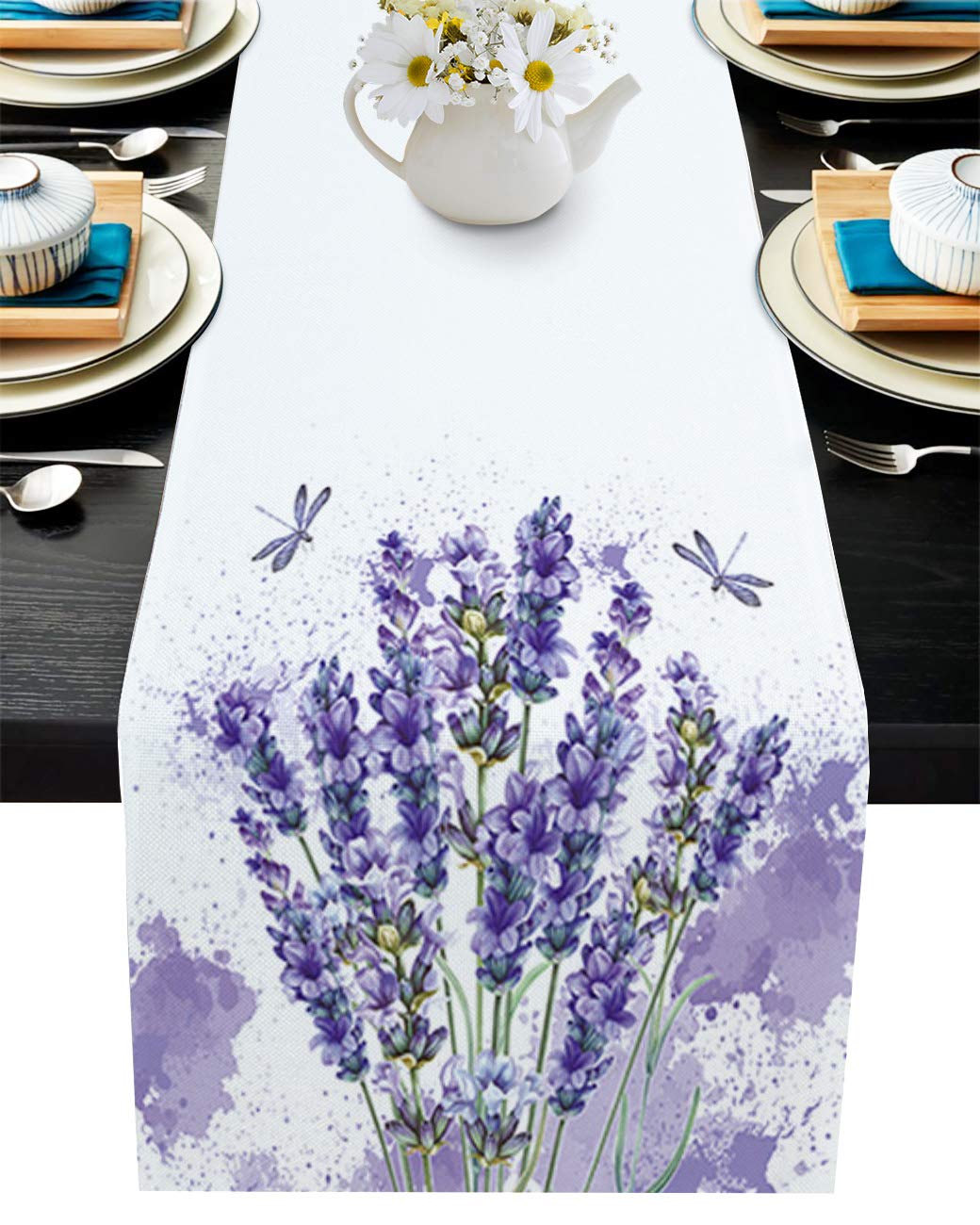 Cotton Linen Table Runner 120inches Long, Purple Flower Lavender, Burlap Table Cloth Dresser Scarves for Farmhouse Dining Room/Holiday/Party/Wedding/