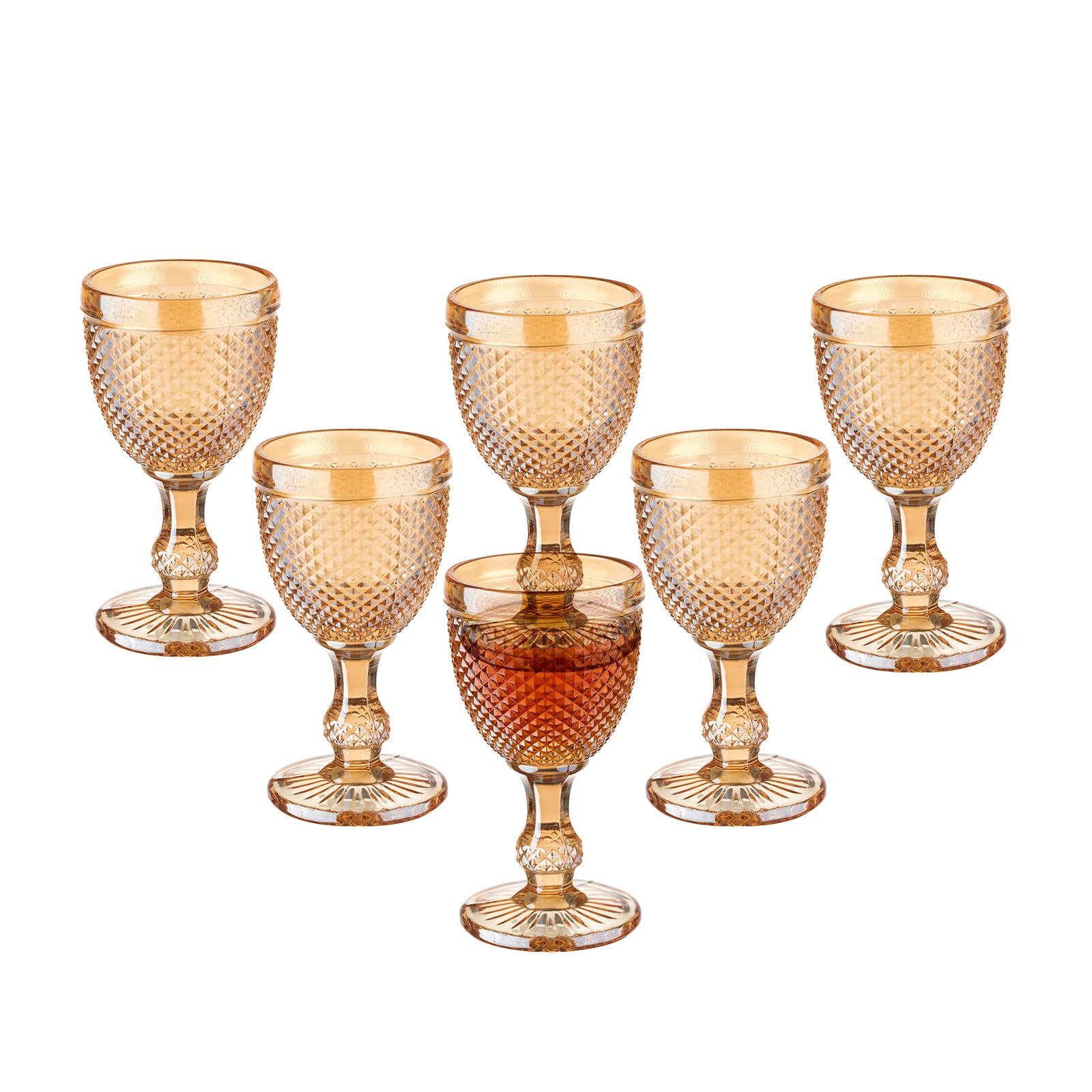 Vintage Wine Glasses Set of 6, 10 Ounces Colored Glass Water Goblets, Colorful Unique Embossed Pattern High Clear Stemmed Glassware Wedding Party Bar Drinking Cups 6 Pack Gold Amber Diamond