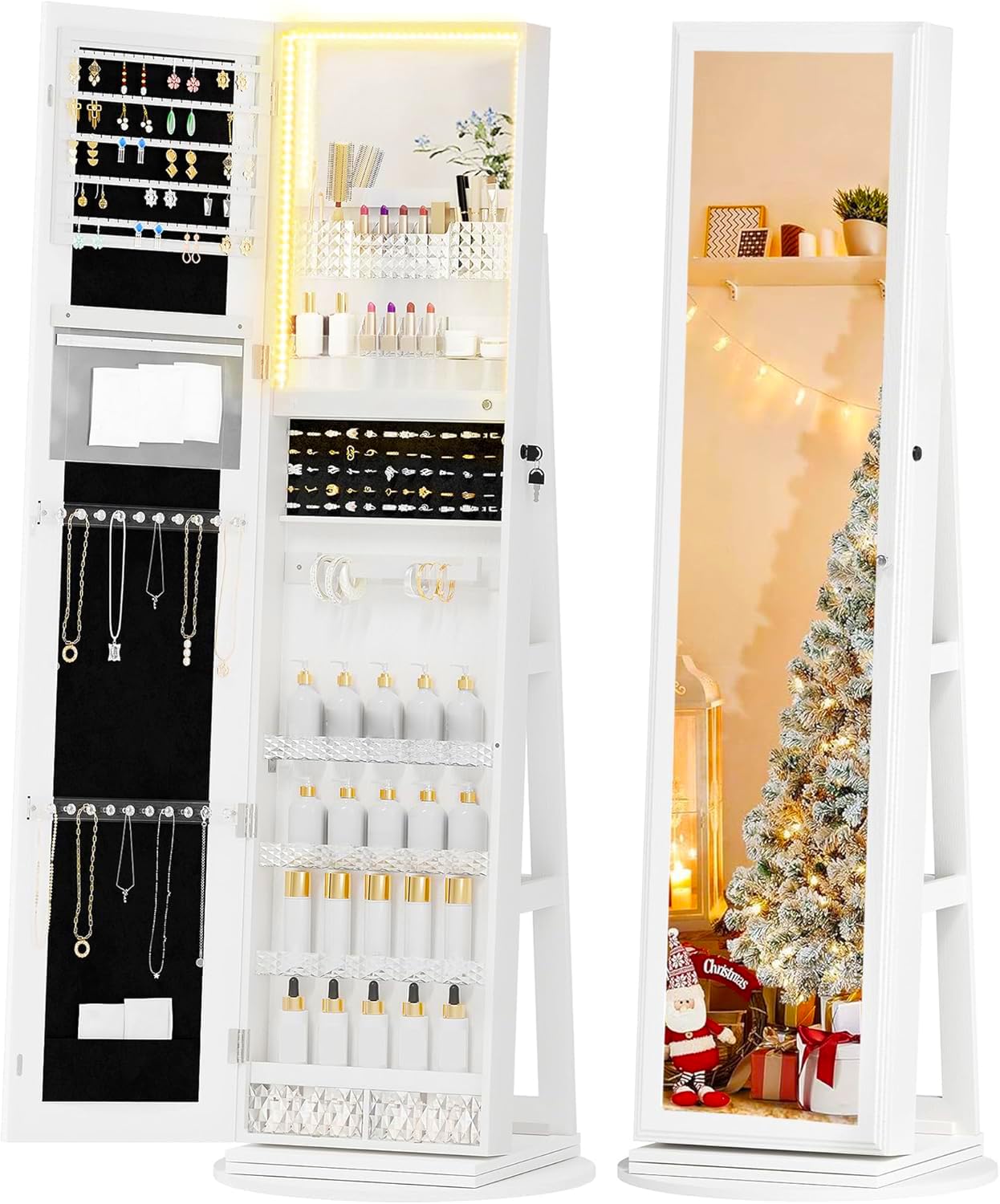 Mirror Jewelry Cabinet Standing, 360° Swivel Jewelry Armoire with 3 Color LED Lights, Lockable Jewelry Organizer with Storage Shelves