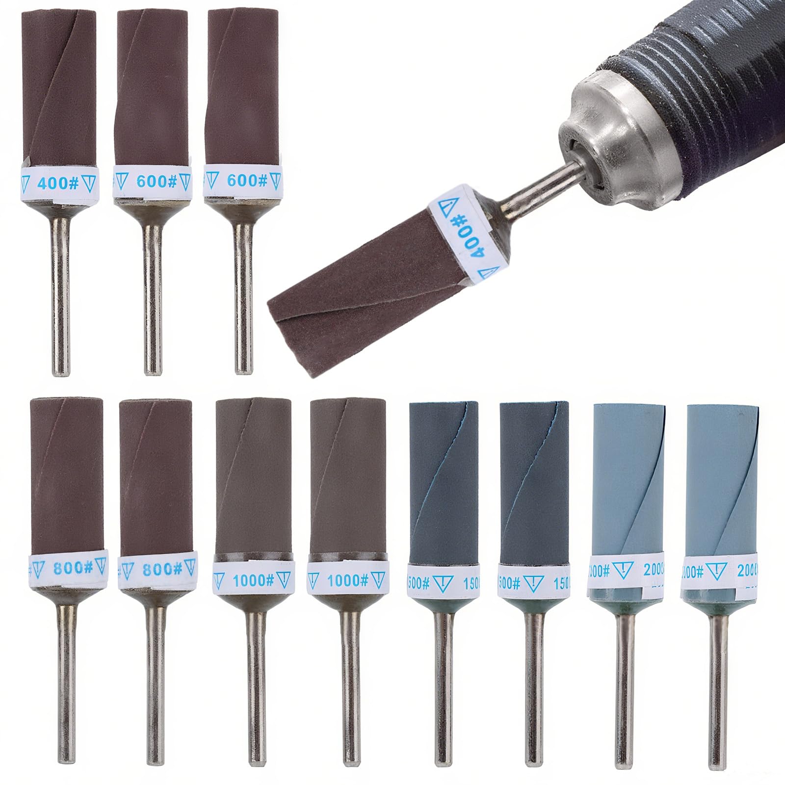 12uds Tambores de Lijado de Grano 400-2000 para Herramienta Rotativa Dremel, Juego Lijadora Tambor Mandriles para Madera Plástico Metal Pulido