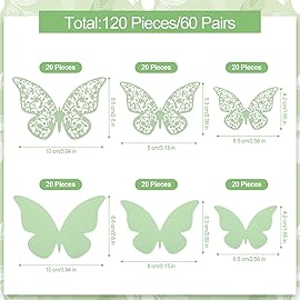 Outus 120 Pieces Green 3D Layered Butterfly Wall Decor Removable Butterfly Stickers Hollow Mural Decals for Birthday Cake Decorations Crafts Bouquet Flower Arrangements