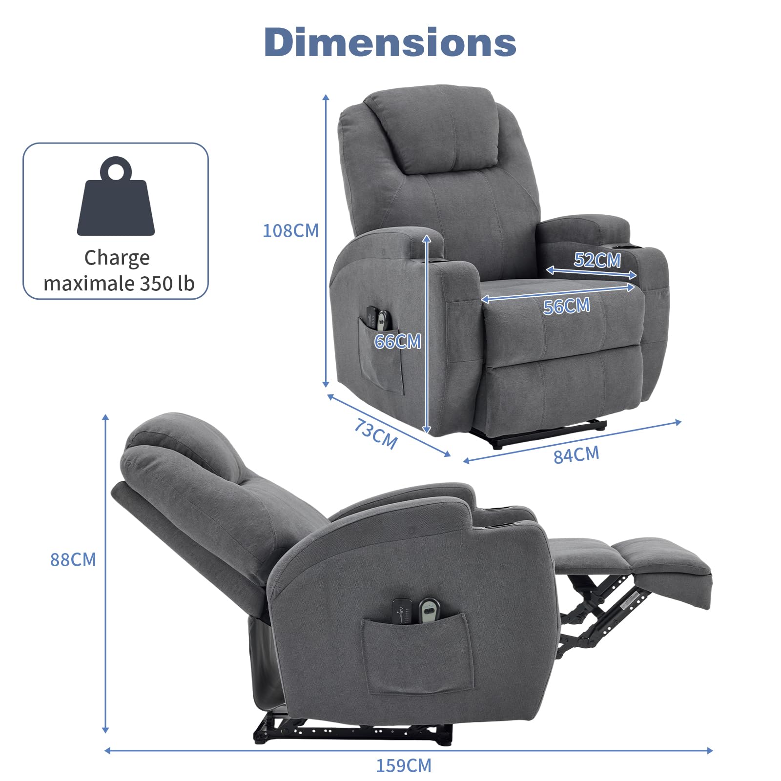 Fauteuil Électrique Relax, Fauteuil de Relaxation avec Fonction Massage et Chaleur, Inclinaison Réglable et Repose-Pieds (Gris foncé)