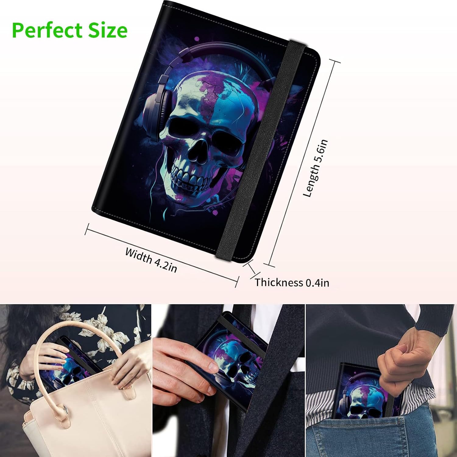 Passport and Vaccine Card Holder, Travel Wallet RFID Blocking PU Leather Case Cover with Vaccine Card Protector Slot with Pen, for Women and Men, Skull in Headphones