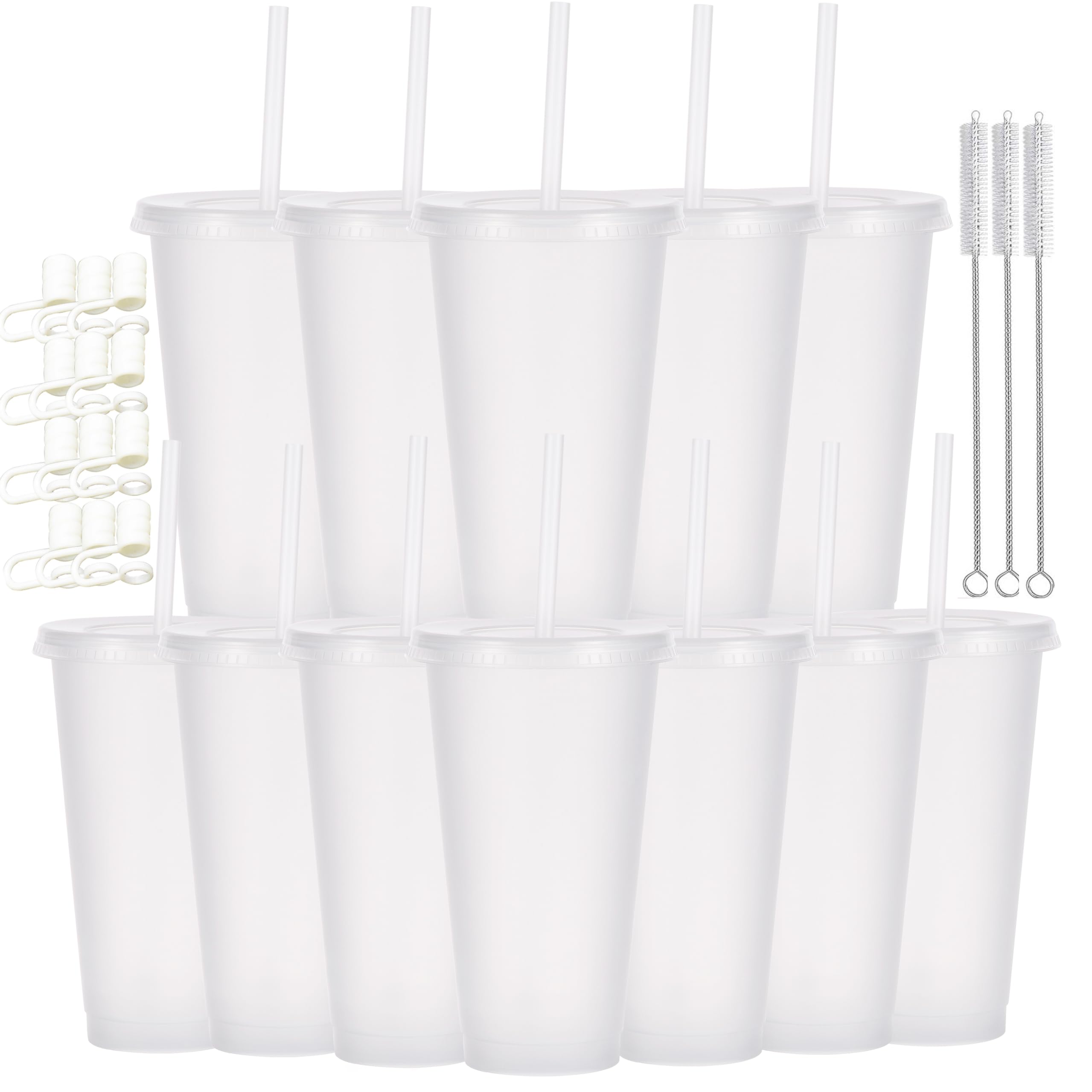 CuppaLifes 12 Pack Reusable Plastic Cups with Lids and Straws, 710ml Cold Tumbler Cups for Slushie and Drinks, Party Cups for Adults Travel Beach Picnic Birthdays (12, Clear)
