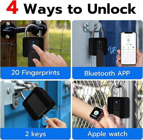 Miniatura 2 de Candado de huellas dactilares, cerradura de combinación resistente, candado con llave, Bluetooth y desbloqueo de huellas dactilares, impermeable con
