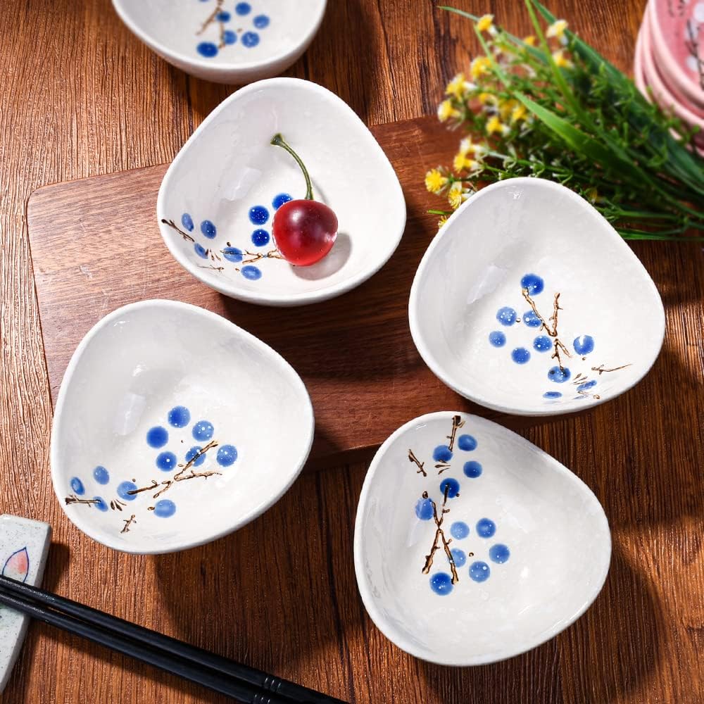 Ceramic Dipping Bowls Set of 5, 3.7 oz Japanese Style Mini Sauce Dishes, Hand-Painted Floral Patterned Prep Bowls for Soy Sauce, Sushi, Condiments, and Spices, Stackable Round Ramekins