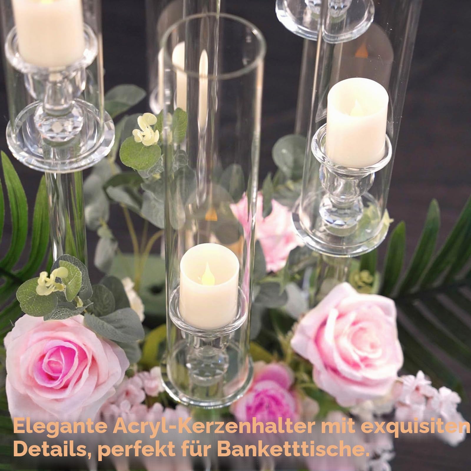2 Stück MSDADA 5-armige Acryl Kerzenständer Set 58 cm Hoch, Transparente Kandelaber für Tischdeko Mittelstück, Hochzeitsdeko Weihnachtsdeko Kamin Deko, für LED Kerzen 2 cm