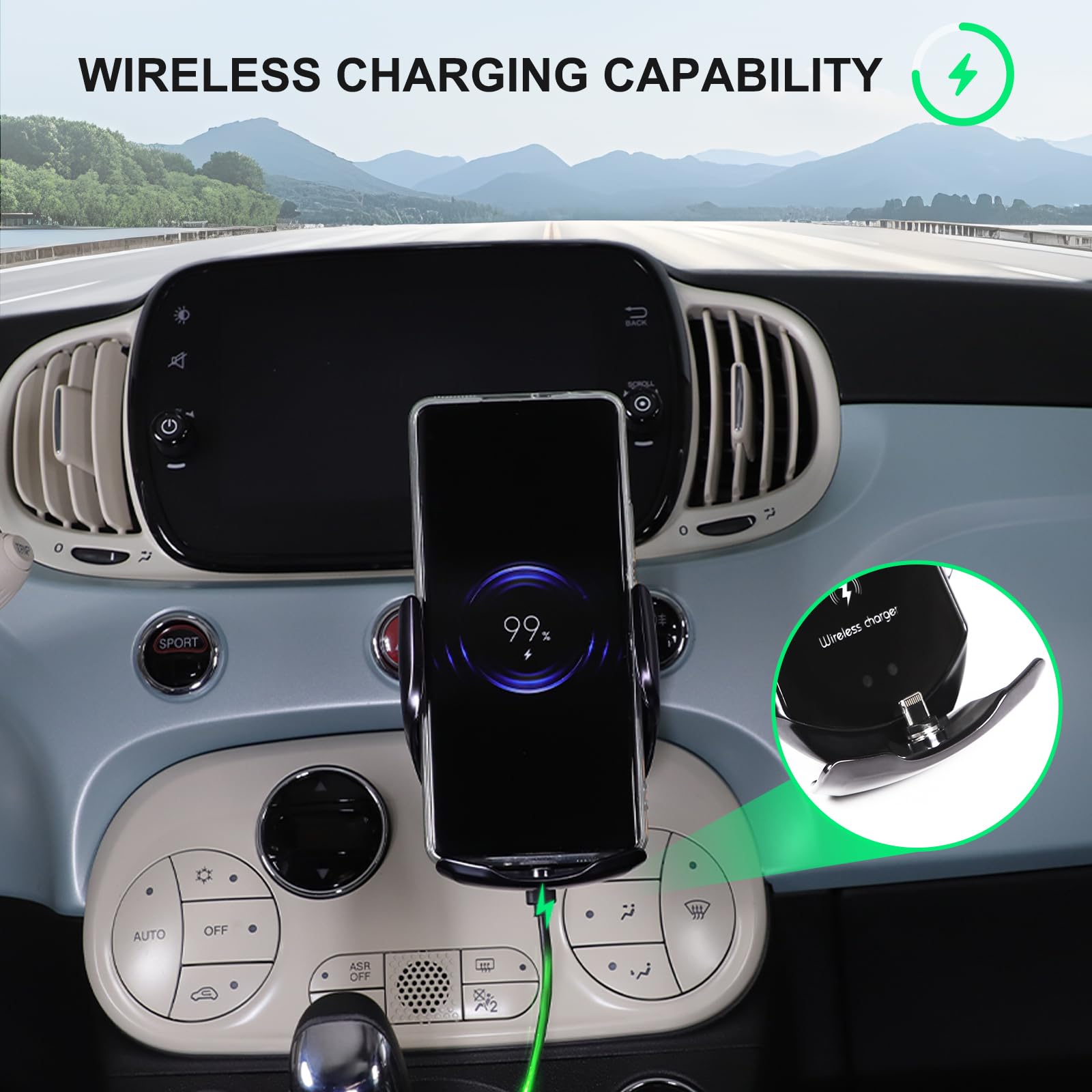 PIUGILH Supporto per cellulare per auto con funzione di ricarica, adatto per Fiat 500 2016-2024, ricarica wireless per telefono auto, adatto per smartphone da 4 a 7 pollici