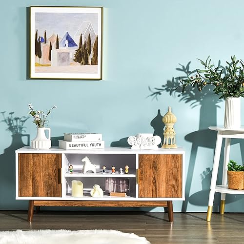 Miniatura 3 de Tangkula Soporte de TV de 2 puertas para televisores de hasta 50 pulgadas, centro de entretenimiento con 2 armarios y estantes abiertos, mesa