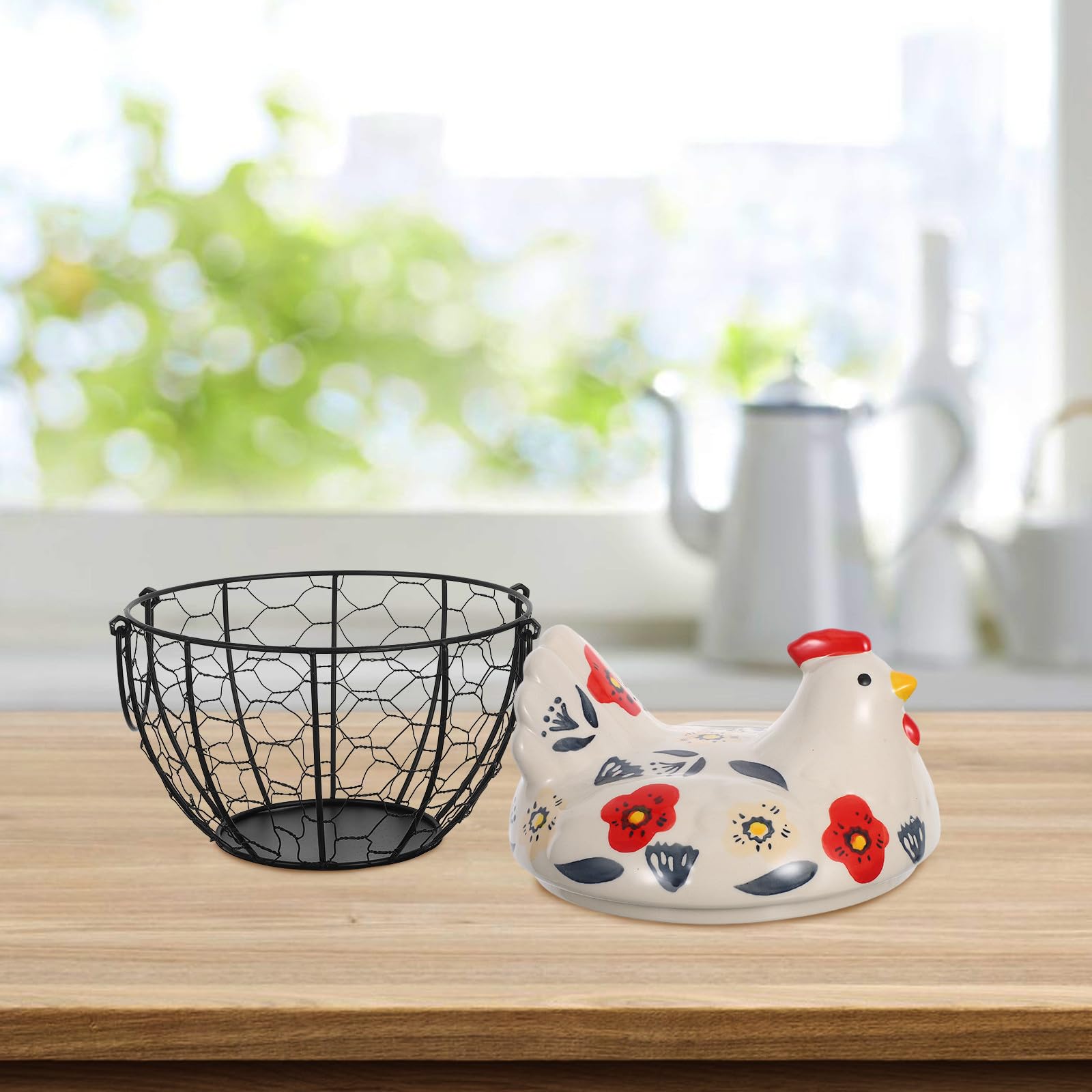 Toyvian Metalowy Koszyk Do Przechowywania Jaj z Ceramiczną Pokrywą Kształcie Kurczaka Lekki i Przenośny Organizer Świeże Jajka Oraz Drobne Przedmioty Do Kuchni i Jadalni Dekoracyjny Kosz