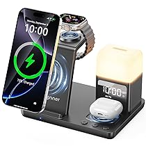 Augnner Stazione di ricarica induttiva per iPhone 17, 16, 15, 14, 13, 12, 11 Serie, caricatore wireless 6 in 1 con lampada da comodino e sveglia, caricatore wireless compatibile AirPods 4, 3, 2, Pro