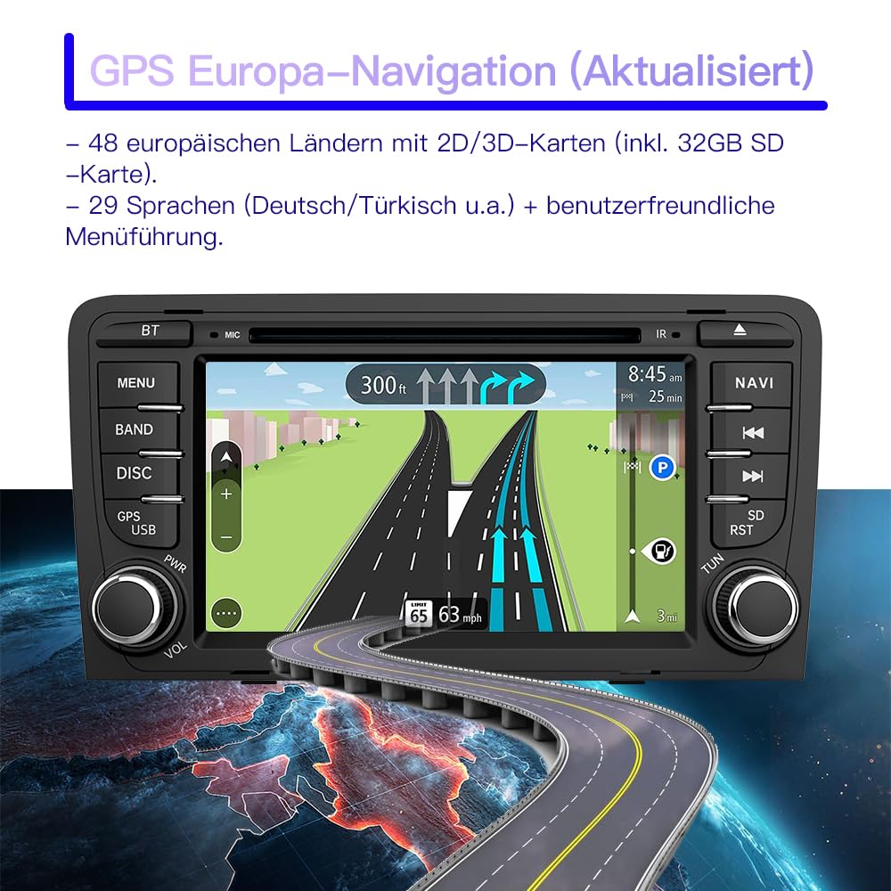 Junsun 2-DIN Autoradio für Audi A3/S3/RS3 2003–2012, 7 Zoll Touchscreen mit CD/DVD-Laufwerk, Lenkradsteuerung, MirrorLink, USB, Bluetooth, FM/AM Radio
