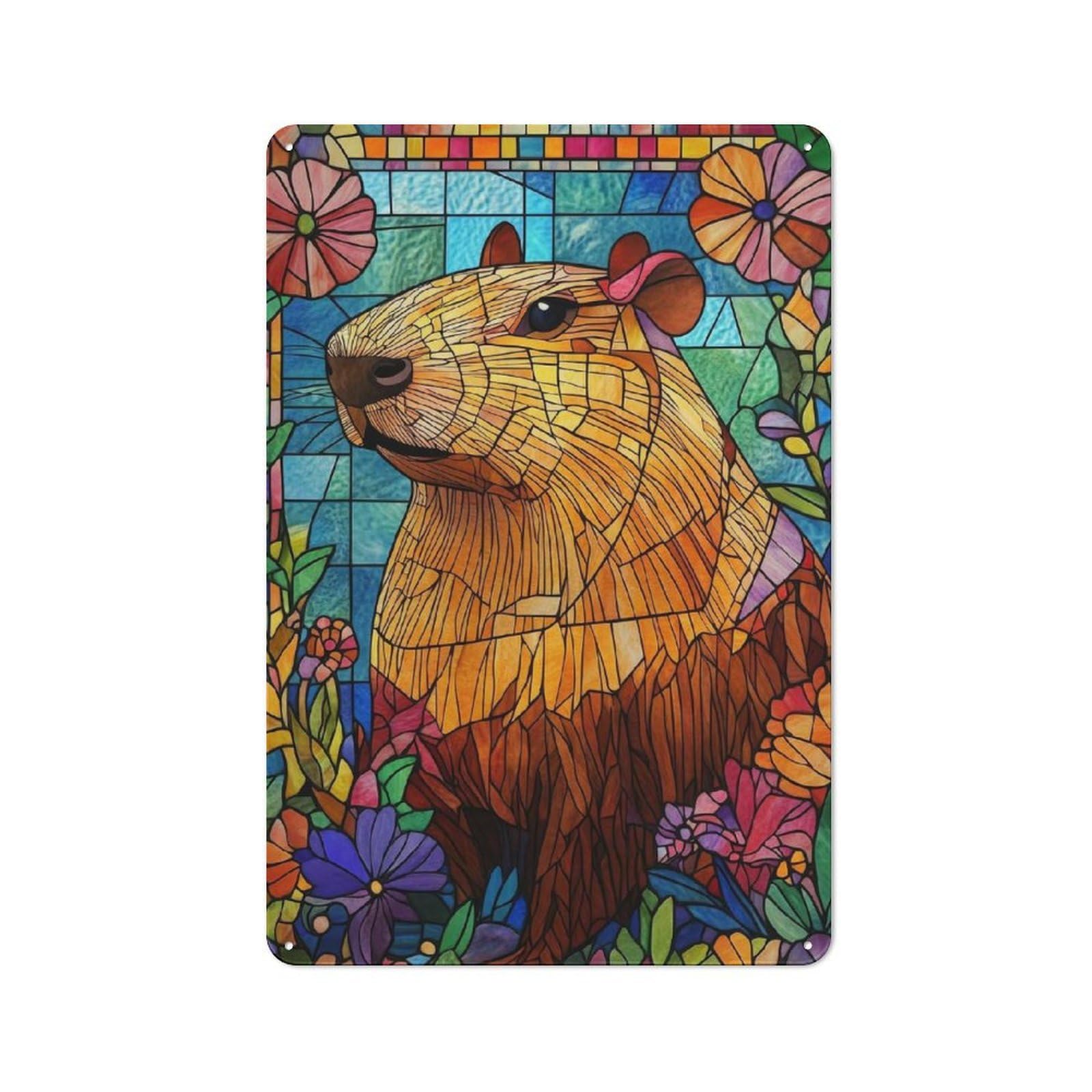 Junmoney Stained Glass Capybara Metal Sign 30X20cm With For Home Bar Wall, Retro Decor, For Garage, Workshop And Man Cave Decoration