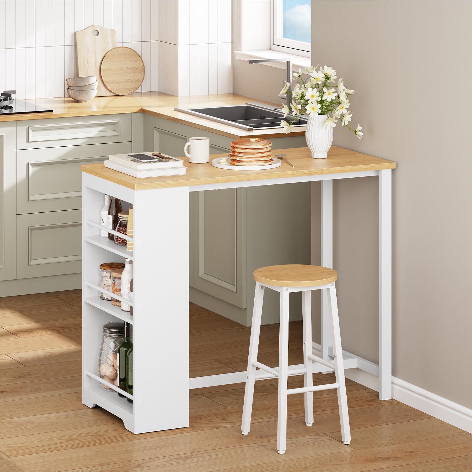 HOOBRO Bartisch Küche, Stehtisch mit 3 Ablageflächen, Küchentheke, Bistrotisch, Esstisch, 100 x 50 x 100 cm, für Bar, Küche, Wohn- und Esszimmer, Weiß und Naturfarbe EWN11BT01